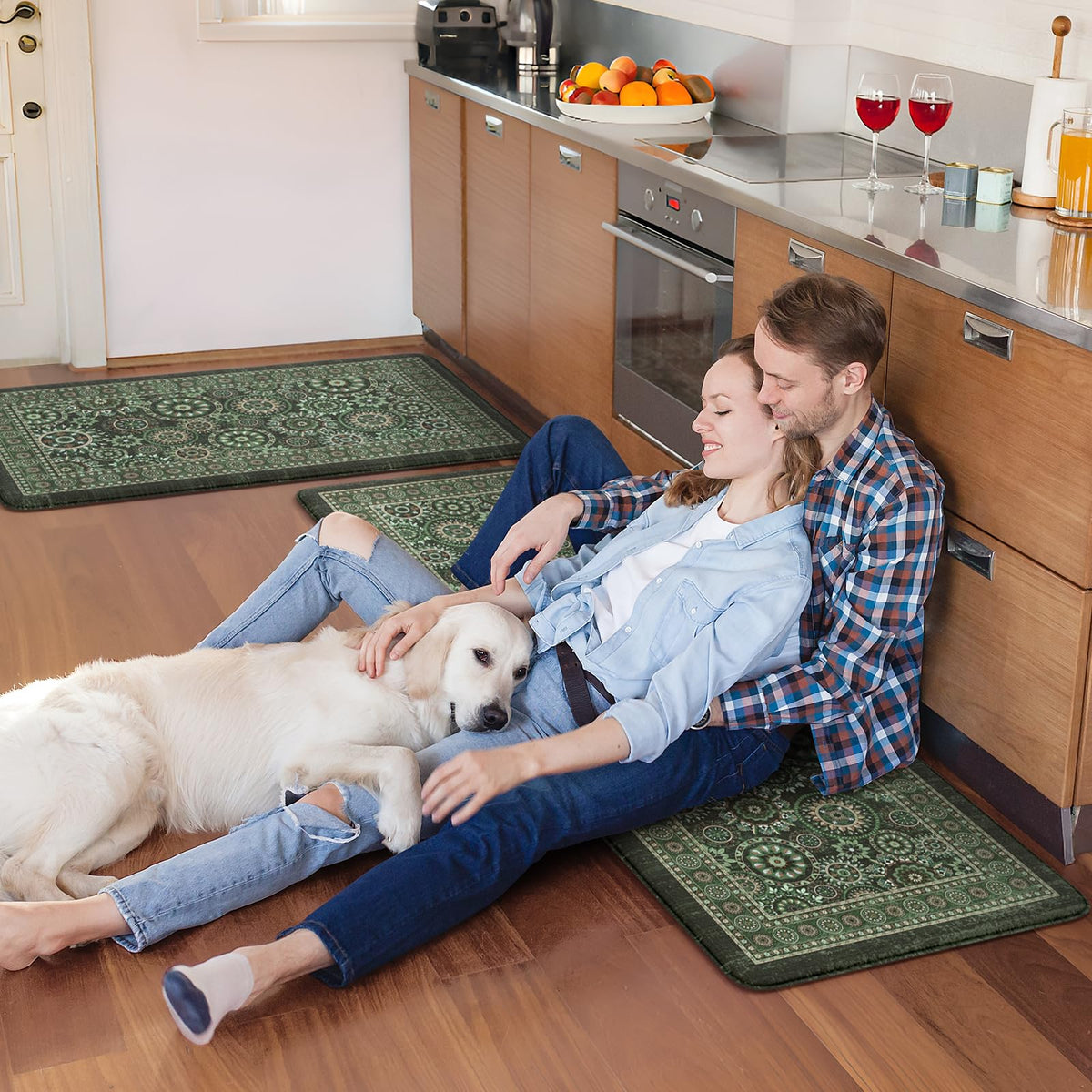 KIMODE Anti Fatigue Kitchen Mats for Floor 2 Piece Cushioned Boho Kitchen Rugs Memory Foam Kitchen Floor Mats Standing Desk Mats for Laundry Office Sink Green 17"x47"+17"x29"