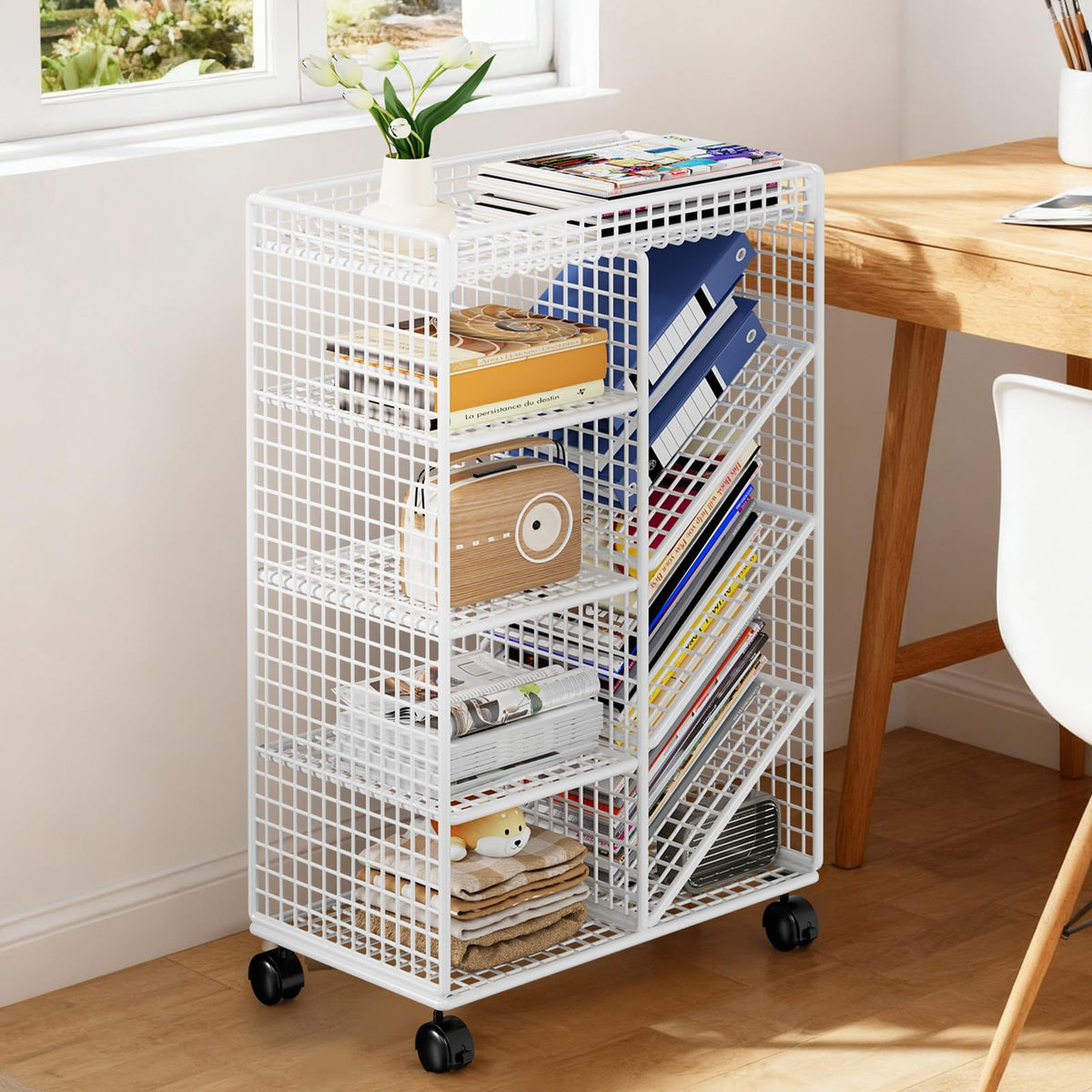 LOVEWE Letter Trays & Stacking Supports Multi-Layer Metal Storage Cart – 3/4-Tier Rolling Utility Organizer, Heavy-Duty Wheels for Easy Mobility，Office & Home Desk Paper File Rack for Books(White)