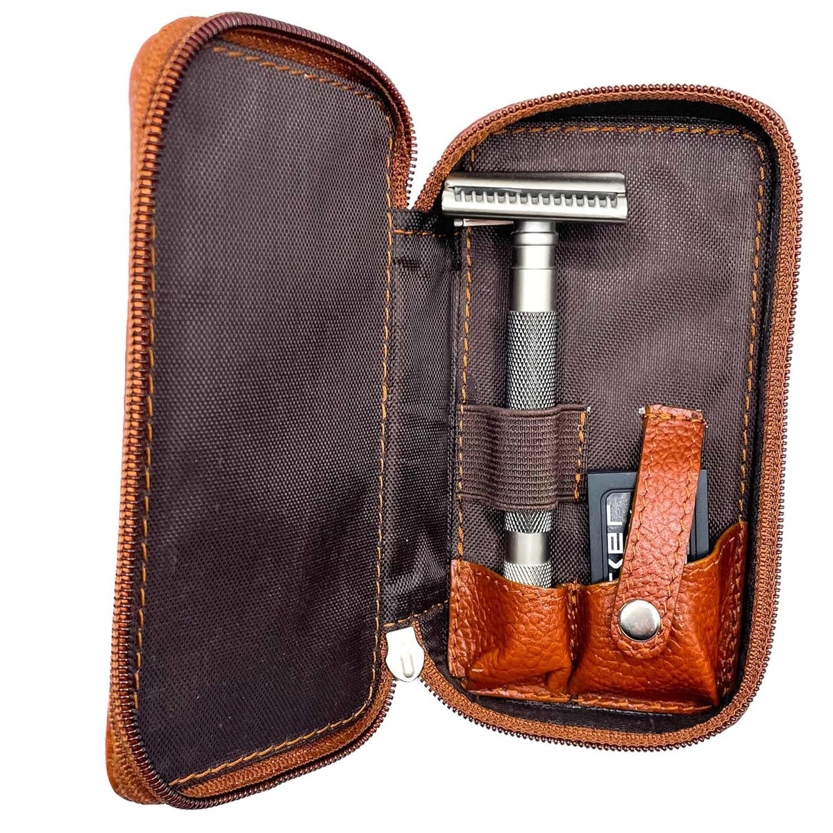 Parker Saddle‑Brown Leather Double Edge Safety Razor Case with Blade Compartment – Zip Travel Pouch