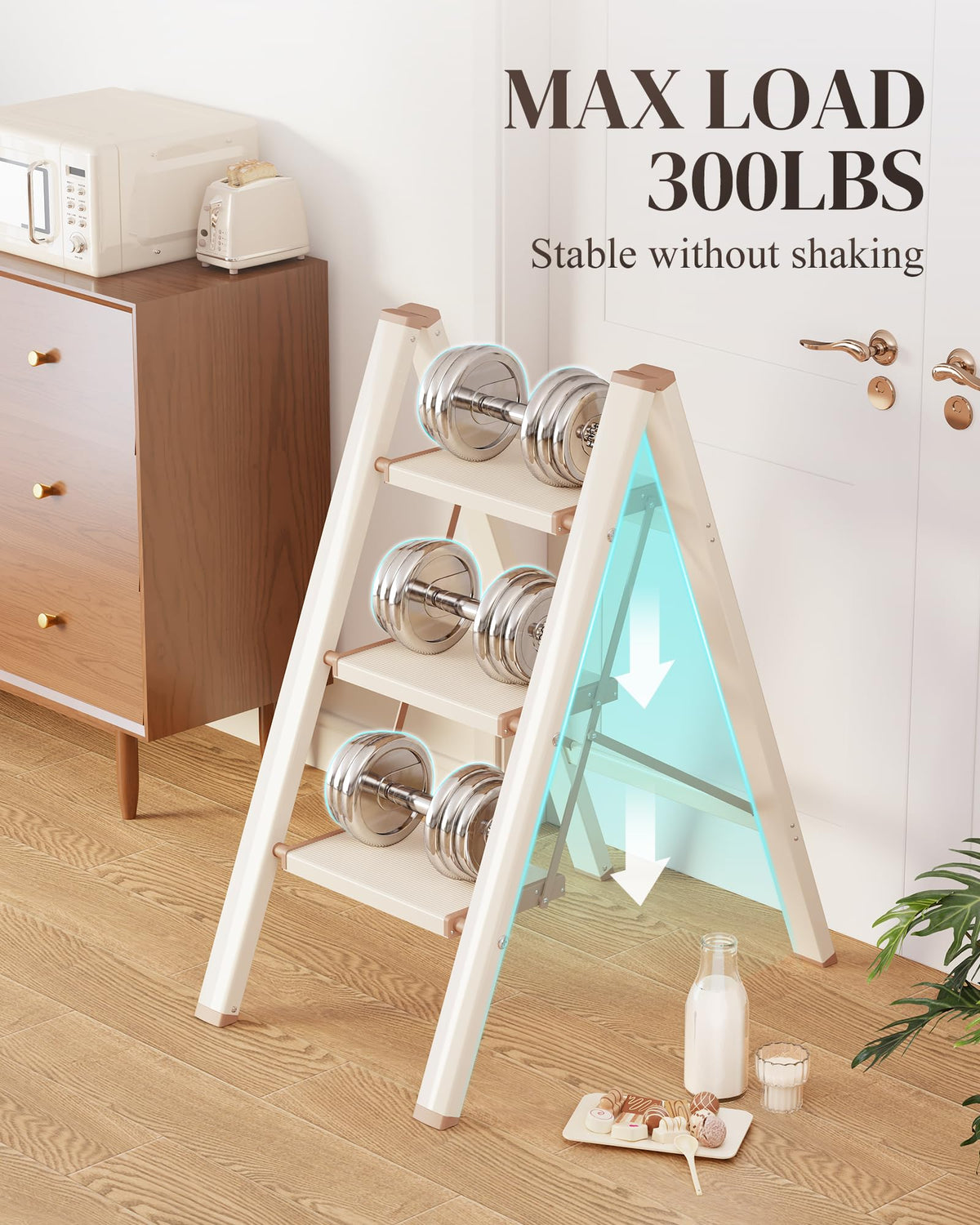 GameGem 3 Step Ladder, Folding Step Stool with Wider Pedal, Anti-Slip Feet & Non Slip Stripes, Aluminum Sturdy Material, 300Lbs Capacity, Elegant Look of Cream Chocolate Better Matches Your Home