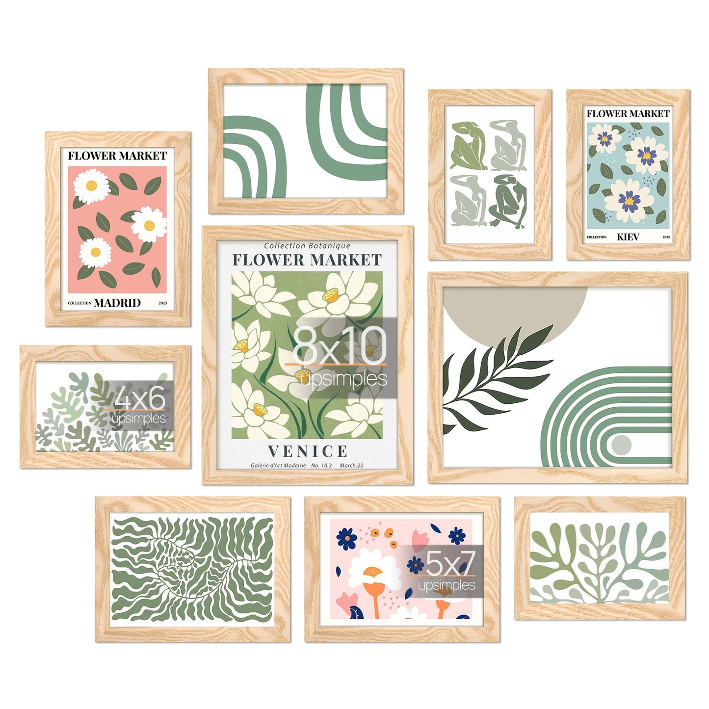 upsimples 10 Pack Picture Frames Collage Wall Decor for Mounting or Tabletop Display, Photo Gallery Frame Set for Family, Multi Sizes Including 8x10, 5x7, 4x6, Natural