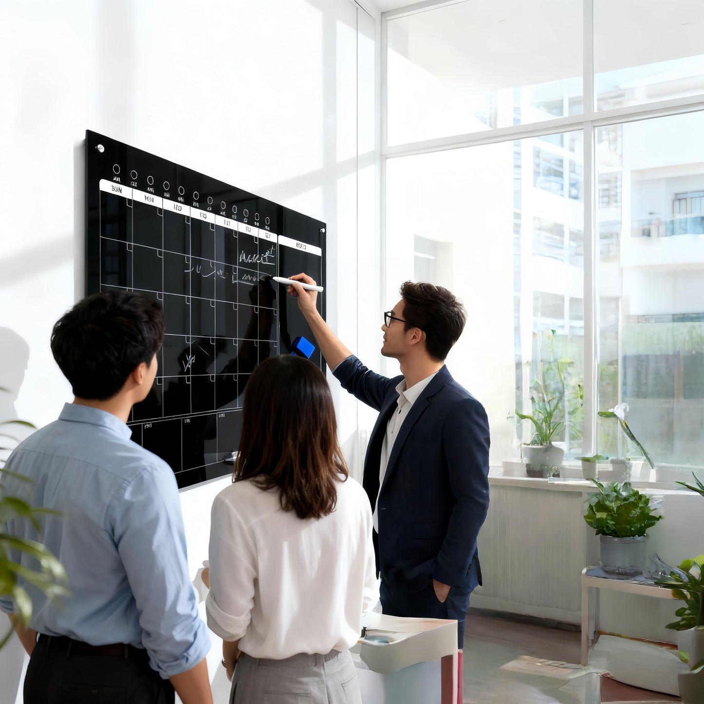 48" x 36" Magnetic Black Glass Calendar 3-in-1 Monthly & Weekly Planner - Frameless Premium Tempered Dry Erase Board for Office or Home Kitchen (Includes 6 Markers)