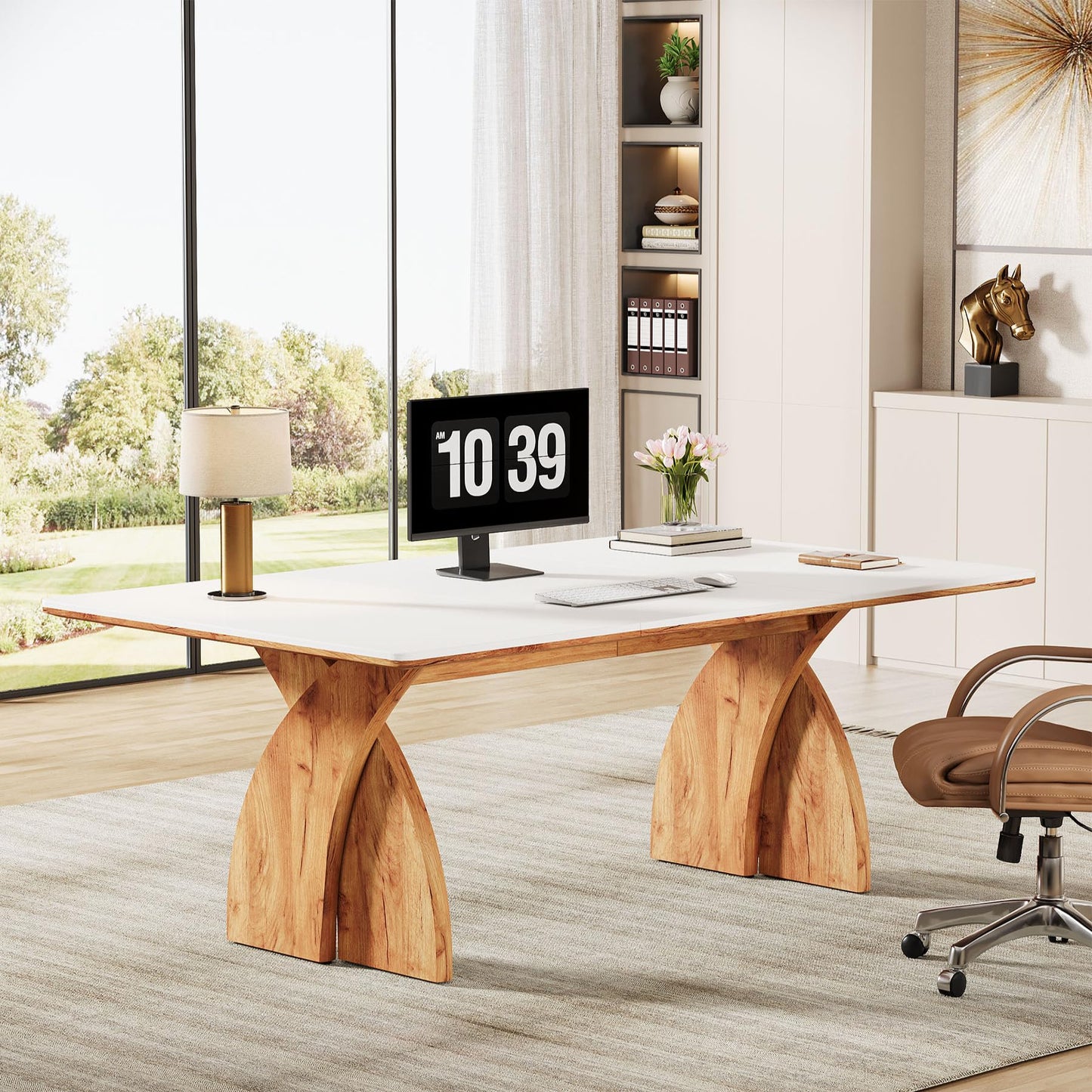 Tribesigns 63-Inch Executive Desk, Large Office Computer Desk with Heavy Duty Legs, Simple Laptop Desk Study Writing Table Business Furniture for Home Office (White and Brown)