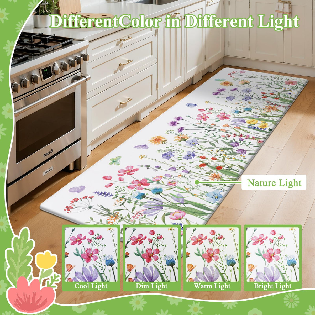 SHACOS Spring Kitchen Rugs Set of 2 Anti-Fatigue Kitchen Mats Floral Rugs White Cushioned Mats with Colorful Flowers Butterfly 17x27.5+17x47, Spring Flowers