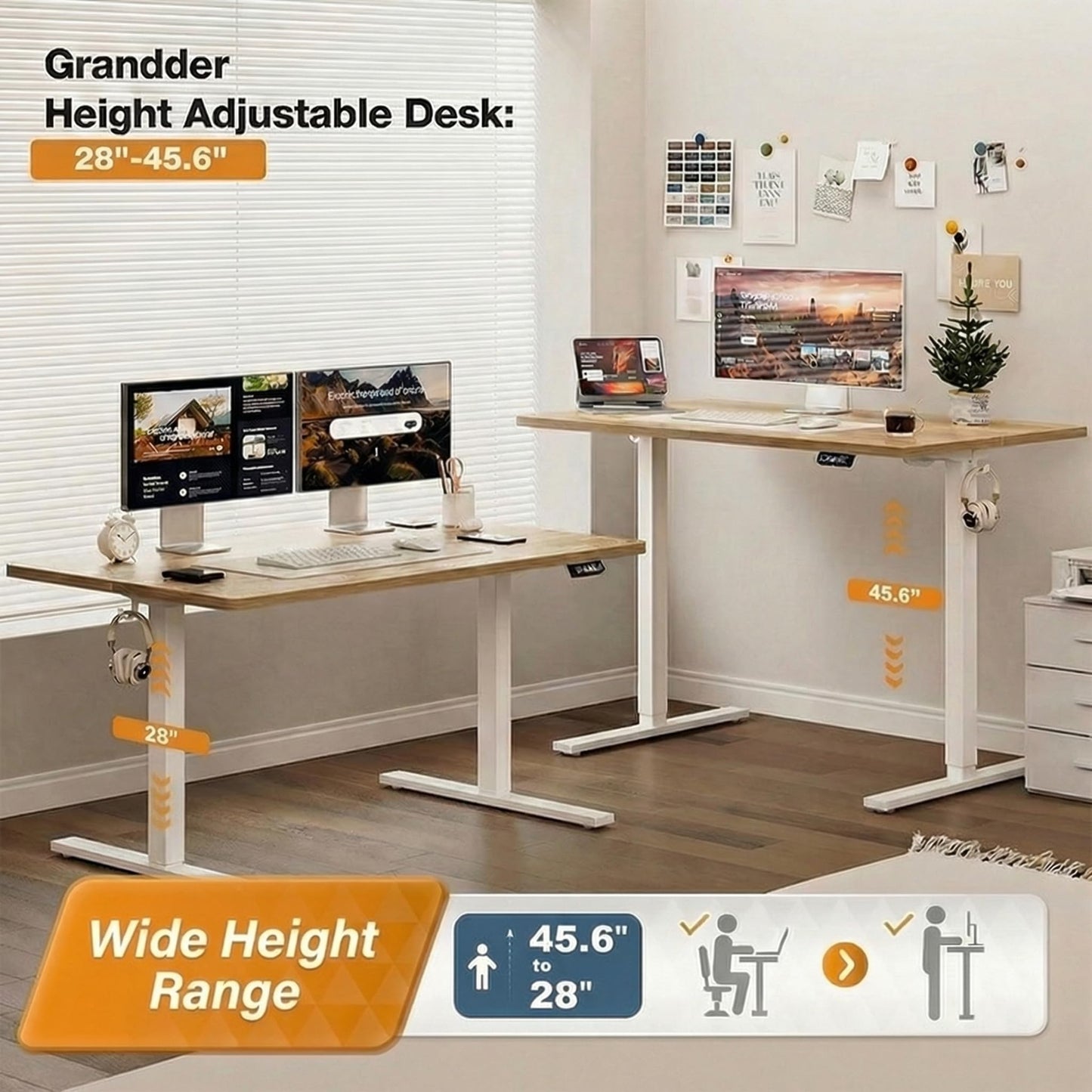 Grandder 55x32 Large Electric Standing Desk, Height Adjustable Computer Desk with 2 Memory Presets, 31.5" Deep Desktop Sit Stand Desk Home Office Desk Workstation Table with Hooks, Oak