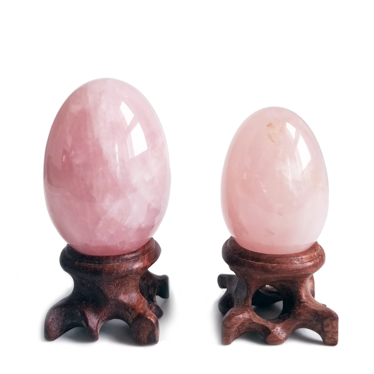 Polar Jade Set of 2 Rose Quartz Gemstone Egg Spheres with Wooden Stand for Healing Meditation Chakra Balancing and Home Decoration (L & M Sizes)