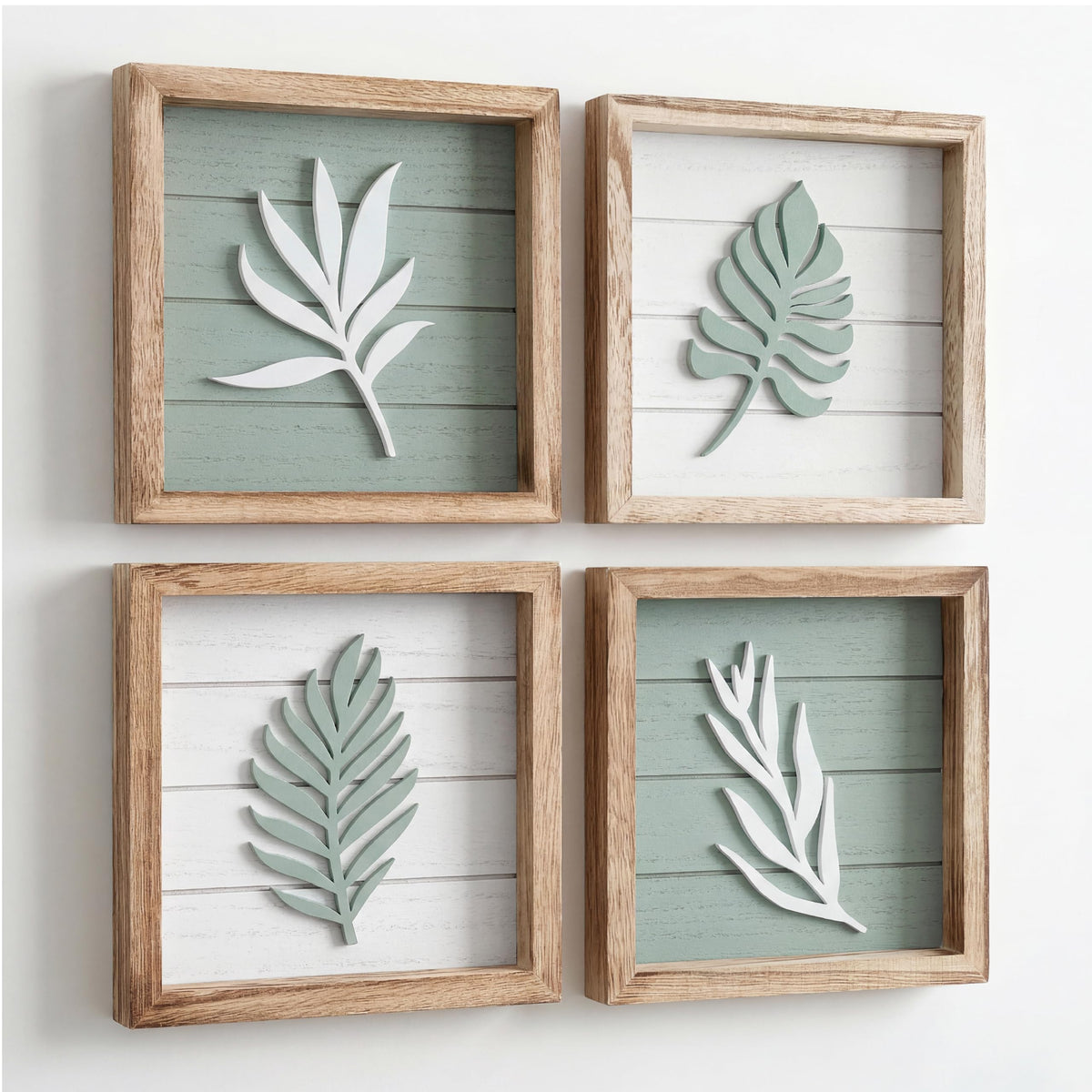 Tide and Tales 3D Sage Green Leaf Botanical Wall Art (Framed Set of 4) – Textured Boho Botanical Bathroom Art Wall Decor – Leaf & Plant Accent for Bedroom or Living Room 7"x7"