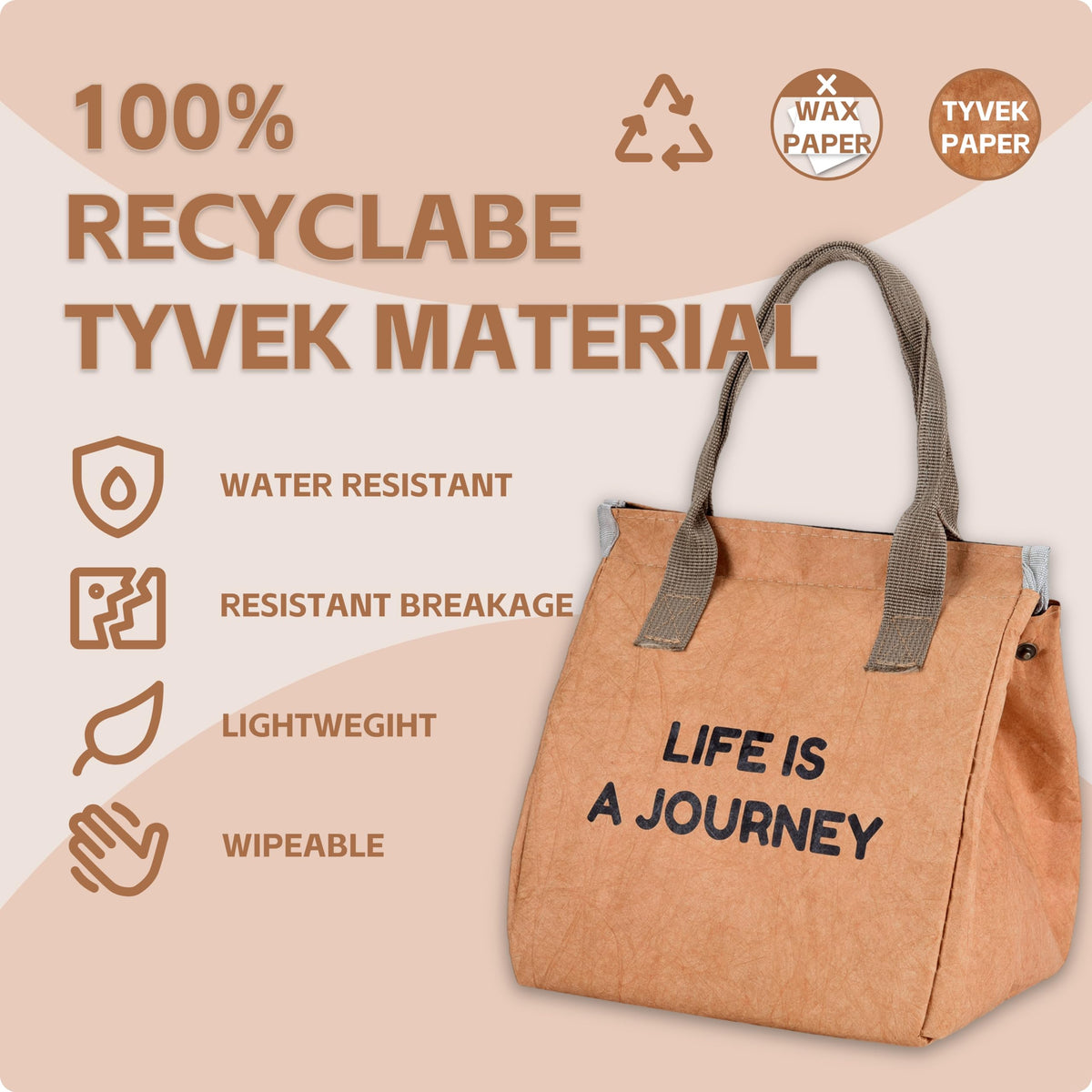 zzsbrm Insulated Lunch Bag for Women/Men-Reusable lunch bag - Lunch Box - for Office Picnic Hiking Beach,Freezable Cooler Bag- Tyvek Material - Foldable Tote Bag Organizer for Adult（Brown）