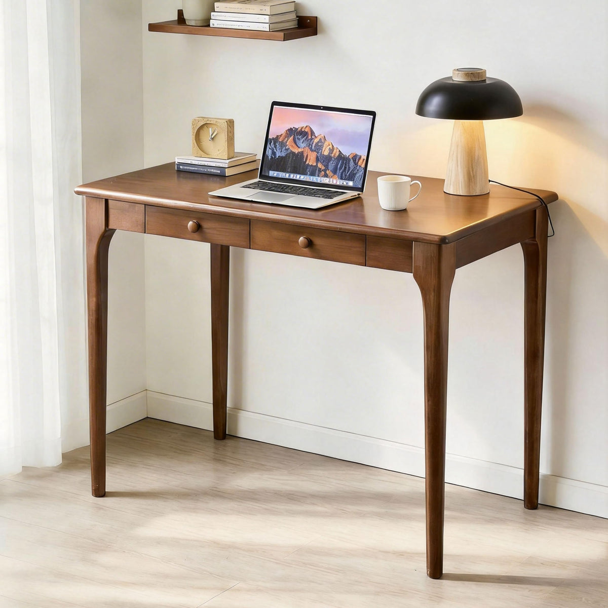 KTVVKTVV Natural Solid Wood Desk with Drawers,Mid Century Modern Real Wood 40" Writing Desk,Home Bedroom Computer Office Workstation Desks,Small Spaces,Walnut Color