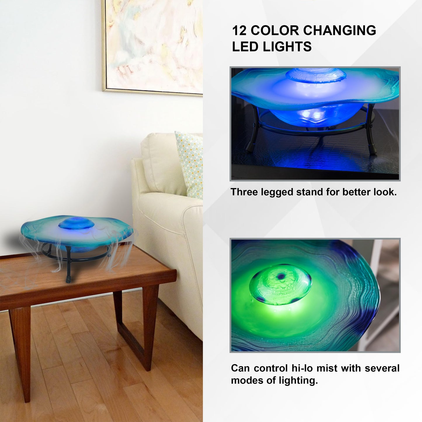 XBrand 8" Color-Changing LED Mist Indoor Tabletop Fountain, Freestanding Water Feature with Inline Control, Aromatherapy Humidifier, Glass & Metal, Blue