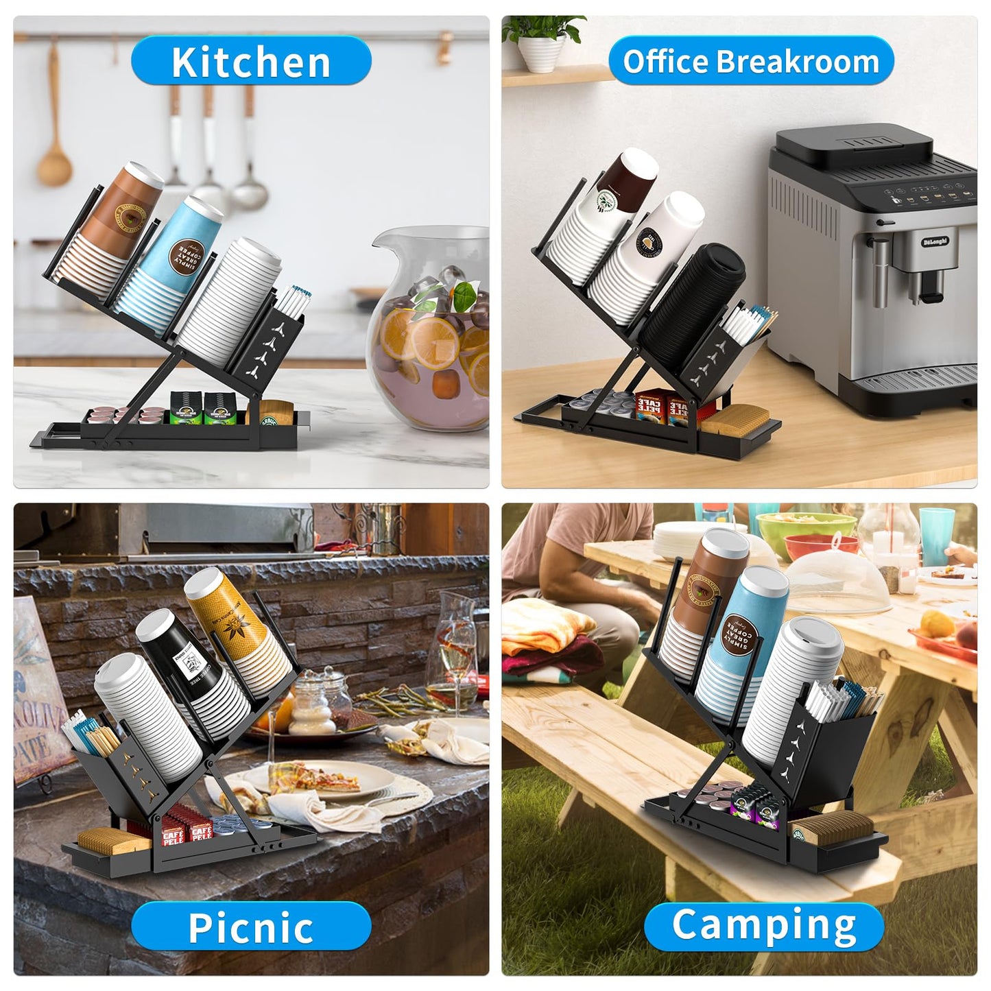 RCHYFEED Cup and Lid Holder with Straw Holder, Metal Cup Holder for Countertop, 5 Compartment Coffee Station Organizer Cup Holder for Coffee Bar Accessories, Disposable Cup Lid Organizer