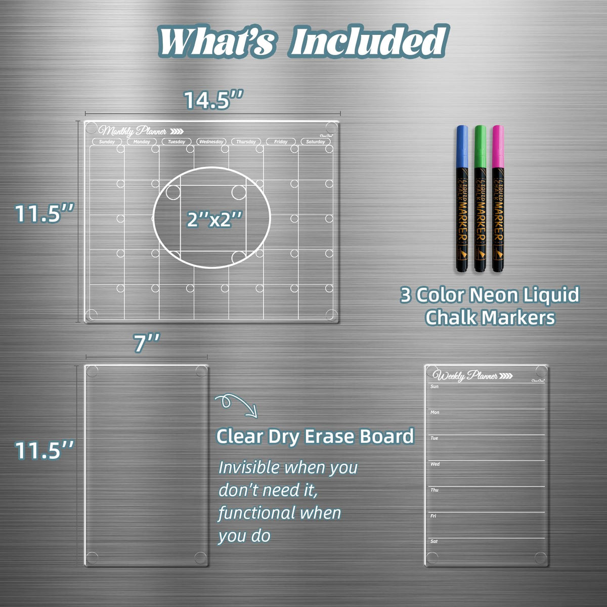 Clear Non-Magnetic Calendar Set for Fridge - Dry Erase Transparent Monthly, Weekly Calendar and Blank Board - Sticks to Wall, Glass, Door, Any Smooth Surfaces