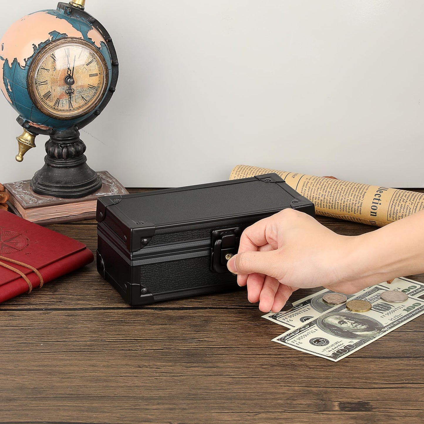 Hipiwe Black Lockable Cash Box Money Storage Case with Lock Aluminium Alloy Money Organizer Currency Tray Piggy Bank for Collector