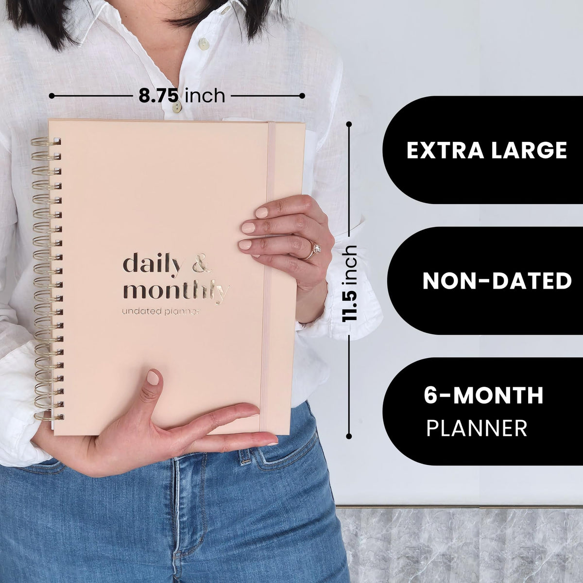 Undated Daily Planner | 2026 Calendar | Large Daily and Monthly Planner with Hourly Schedule, 8.5" x 11" | 6 Month, Full Page a Day, To do List, Time Blocking, Beige Aesthetic Hardcover Spiral Notebook