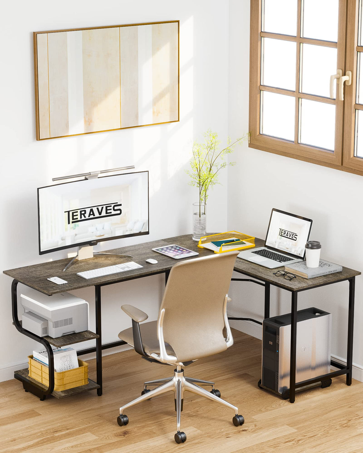Teraves Reversible L Shaped Desk with Large Surface, 69 Inch Sturdy Corner Desk with Storage Shelves, Premium Office Computer Desk Workstation for Home Office Gaming