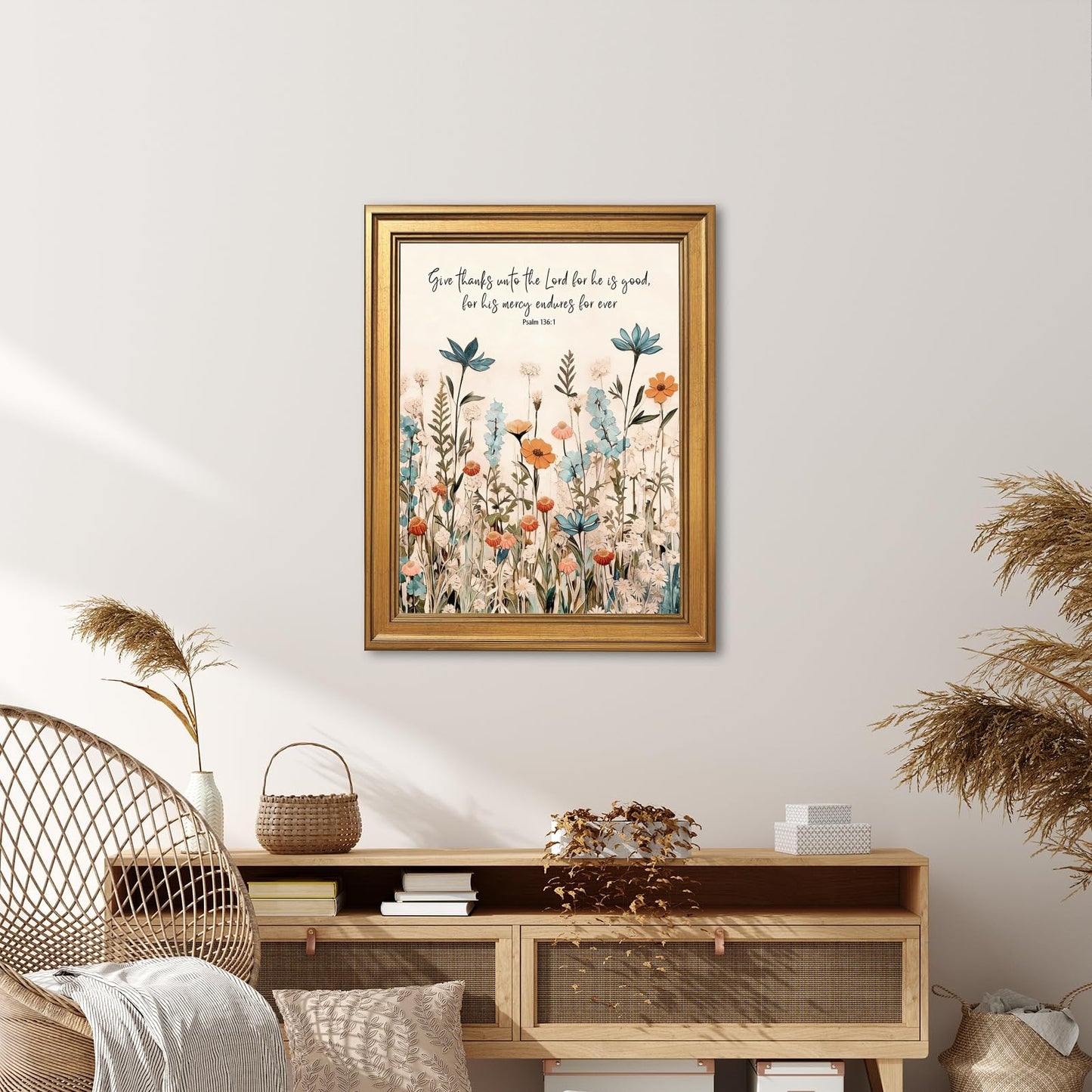 Framed Christian Scripture Wall Art Painting Give Thanks to the Lord Psalm 1361 Floral Print Inspirational Bible Verse Picture Poster Wildflower Faith Decor Canvas Artwork for Home Office 12x16inch