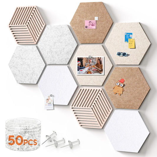 Hexagon Cork Boards for Walls Decor 10 Pack Cork Bulletin Board Tiles with 50 Pins,Pin Board for Office & Home for Notes Photos and DIY Classroom Decor (Minimalist Style)