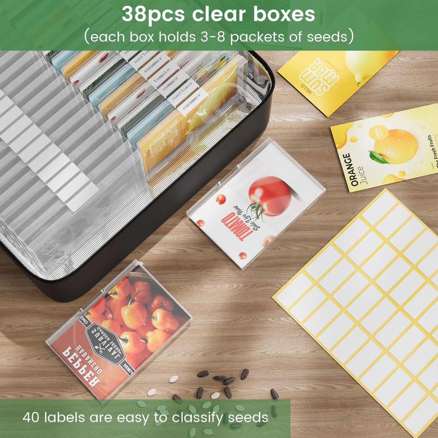 38 Slots Seed Storage Organizer Box with Insulated Bag That Holds 80-200 Seed Envelopes, Oxford Cloth Garden Seed Containers with Labels, Seed Packet Organizer for Plant, Flower ,Vegetable Seeds