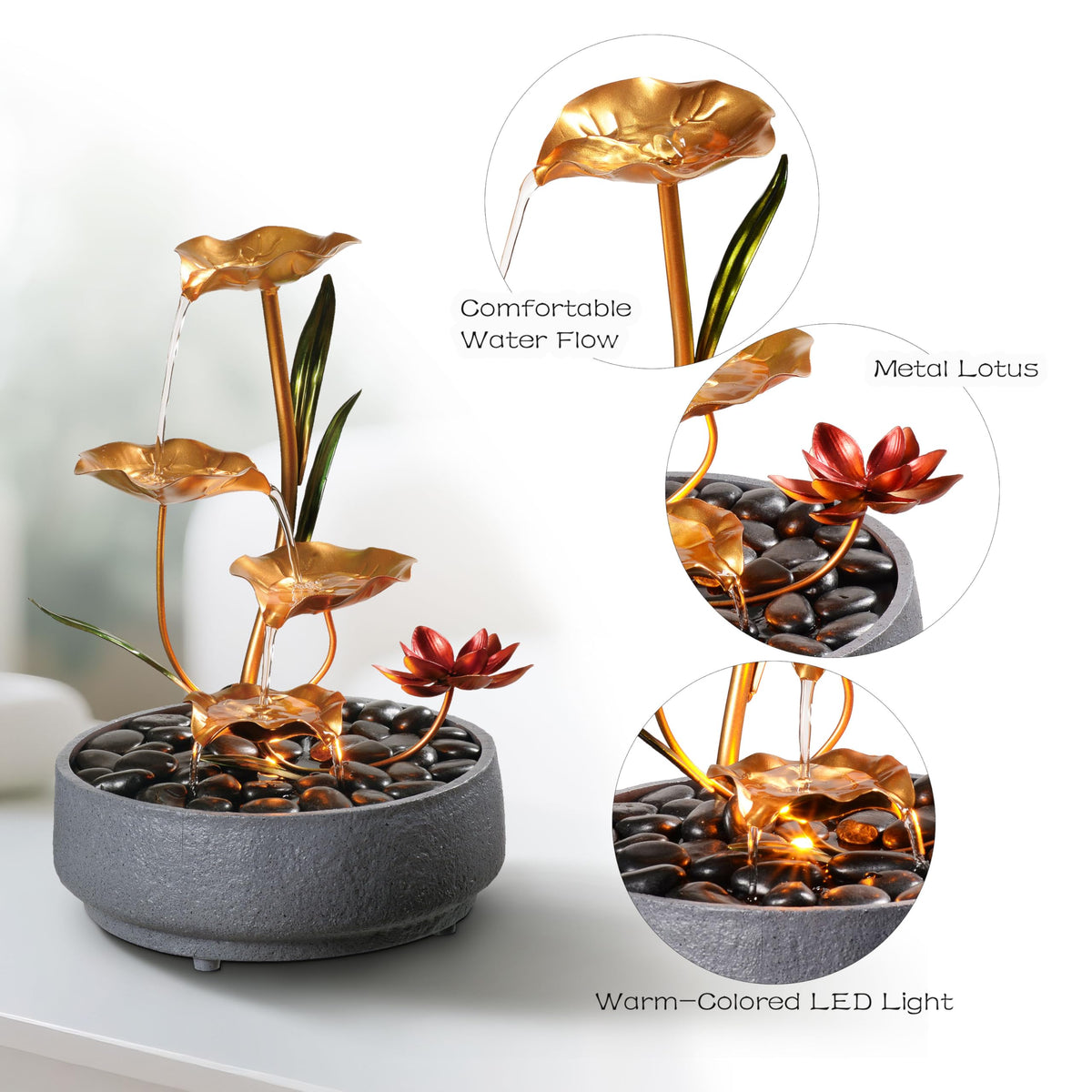 Haobos Indoor Tabletop Fountain Exquisite Meditation Desk Water Fountain Decorative Zen,4-Tier Lotus Desk Fountain,Home/Office Decor Housewarming Gift for Mom（23154）