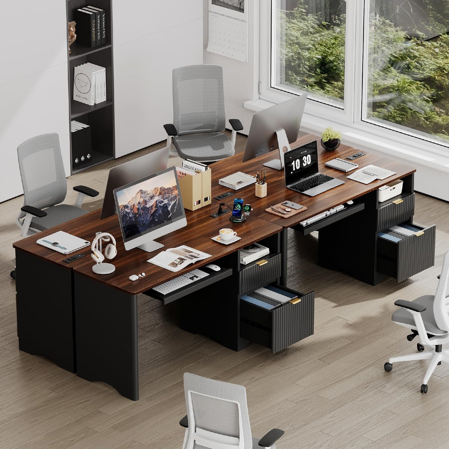 Bestier Computer Desk with Keyboard Tray, 55 inch Office Desk with Power Outlet, Modern Home Office Desk with File Drawer (Walnut with Black, 55" W with Single-Sided Drawers)