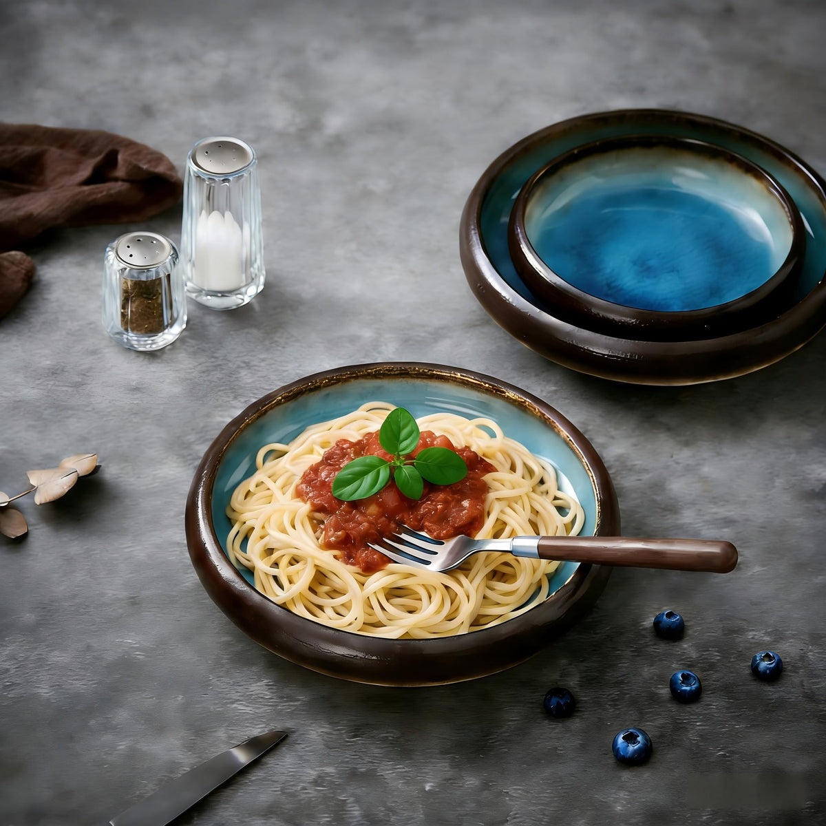 TAUFIKT Ceramic Pasta Bowls Set of 4, 8 Inch Large Porcelain Pasta and Salad Bowls, Stoneware Dinner Plate Set for 4, Handmade Round Dishes for Home Decor, Microwave,Oven,and Dishwasher Safe, Blue