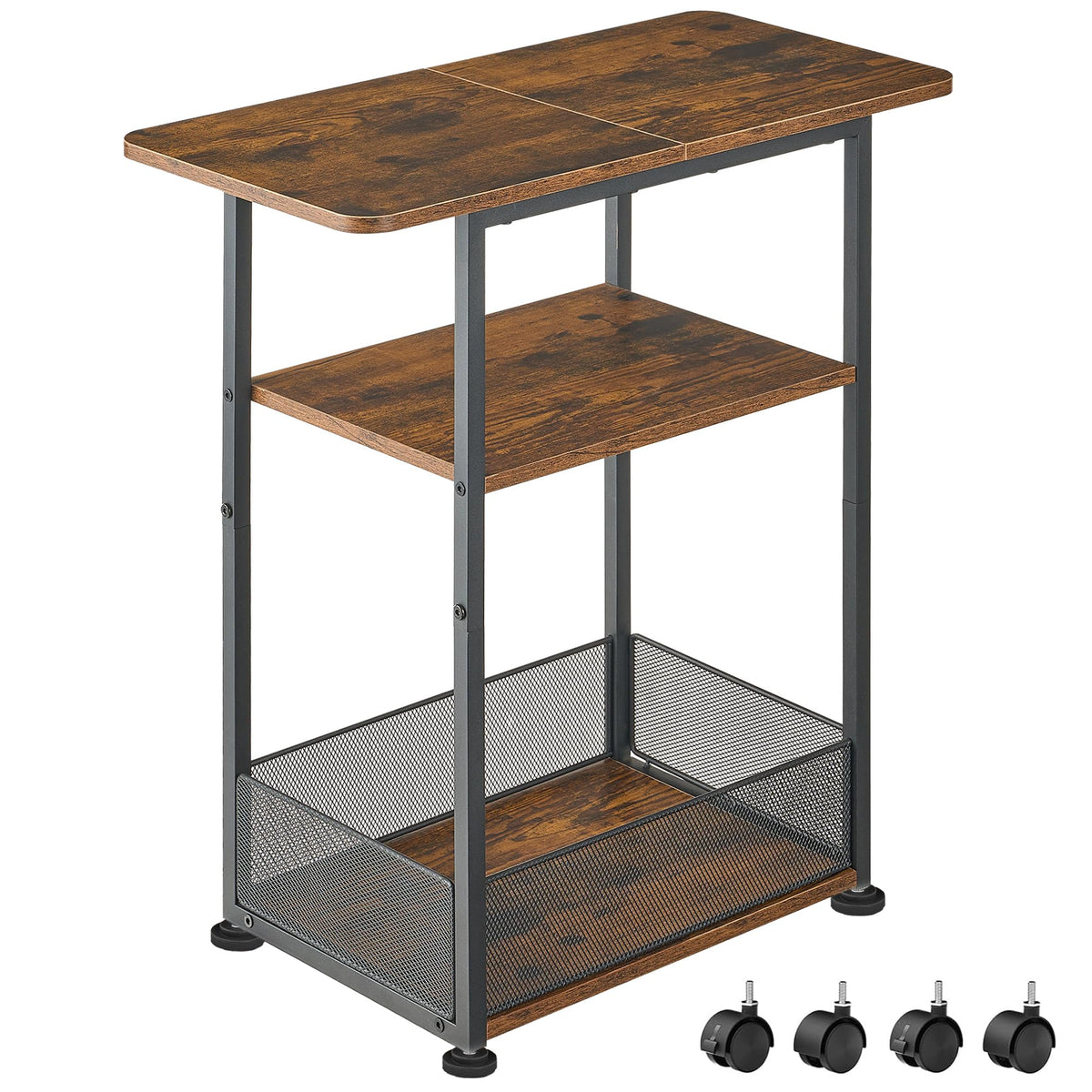 DALEMHOME Side Table with Wheels, Narrow Side Table with 3-Layer Storage Shelves, Slim Nightstand, Metal Frame, for Small Spaces, Living Room, Bedroom, 23.6" D x 11.8" W x 25.2" H, Rustic Brown