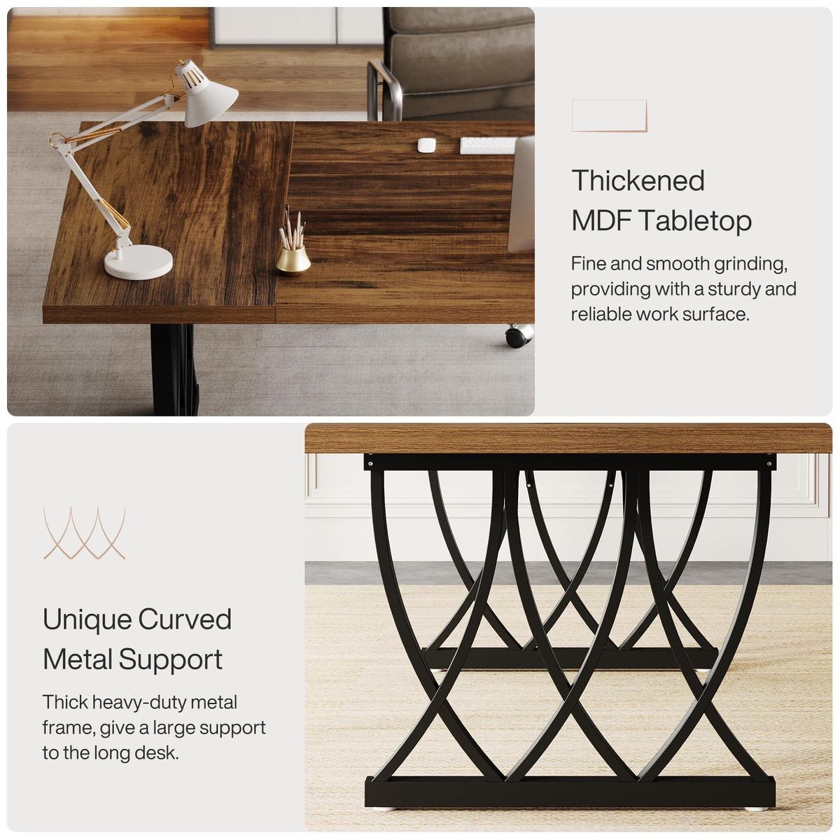 Tribesigns 6 ft Conference Table for 6-8 People, 70.86-Inch Rectangle Meeting Seminar Table with Unique Curved Metal Support for Home Office (Without Chair, Retro Brown & Black) (1)
