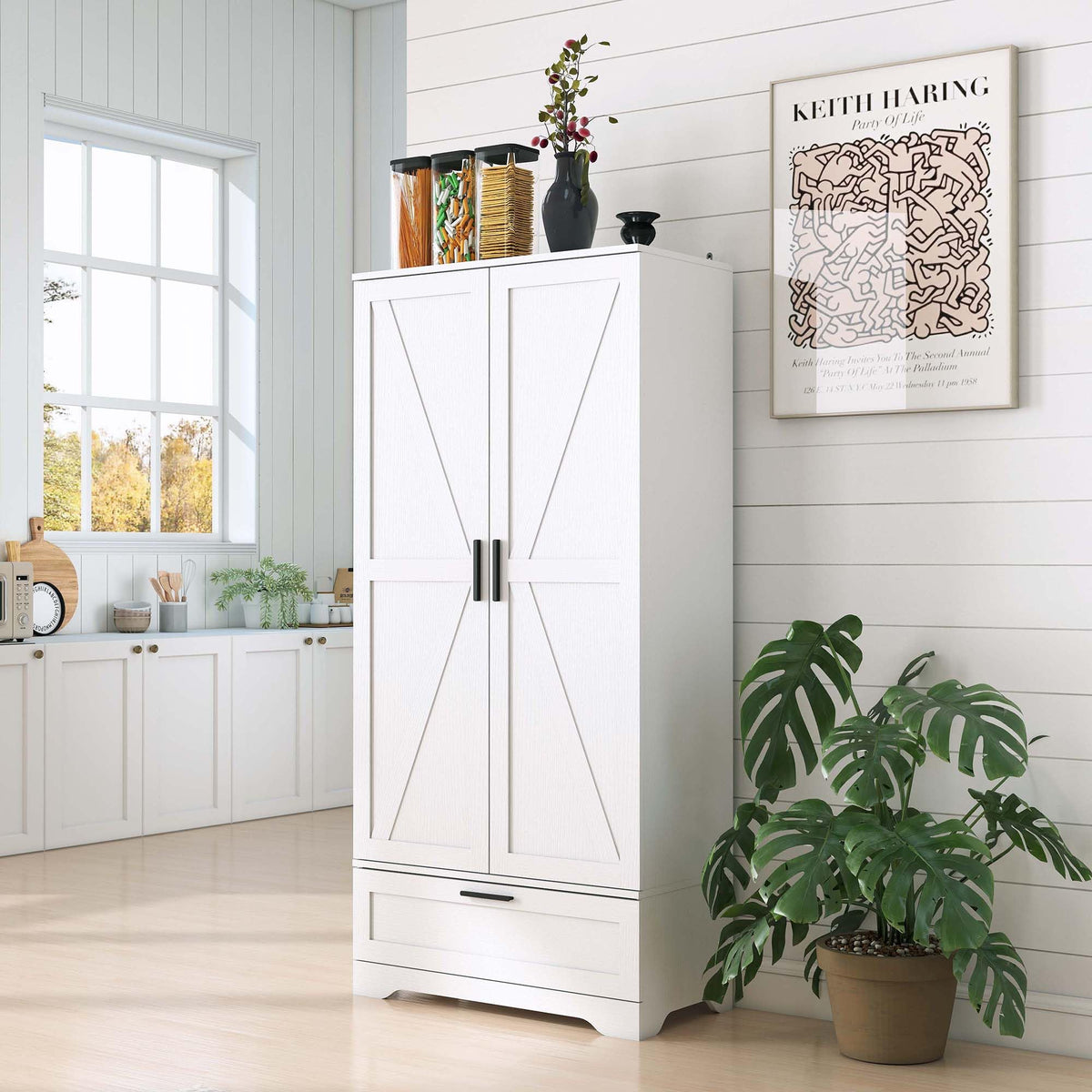 Kitchen Pantry Cabinet, Collection Food Free Standing Tall Wooden Storage Cabinet with Adjustable Shelves & 1 Large Drawer, Versatile Storage for Kitchen Dining Room, Utility Rooms (White)