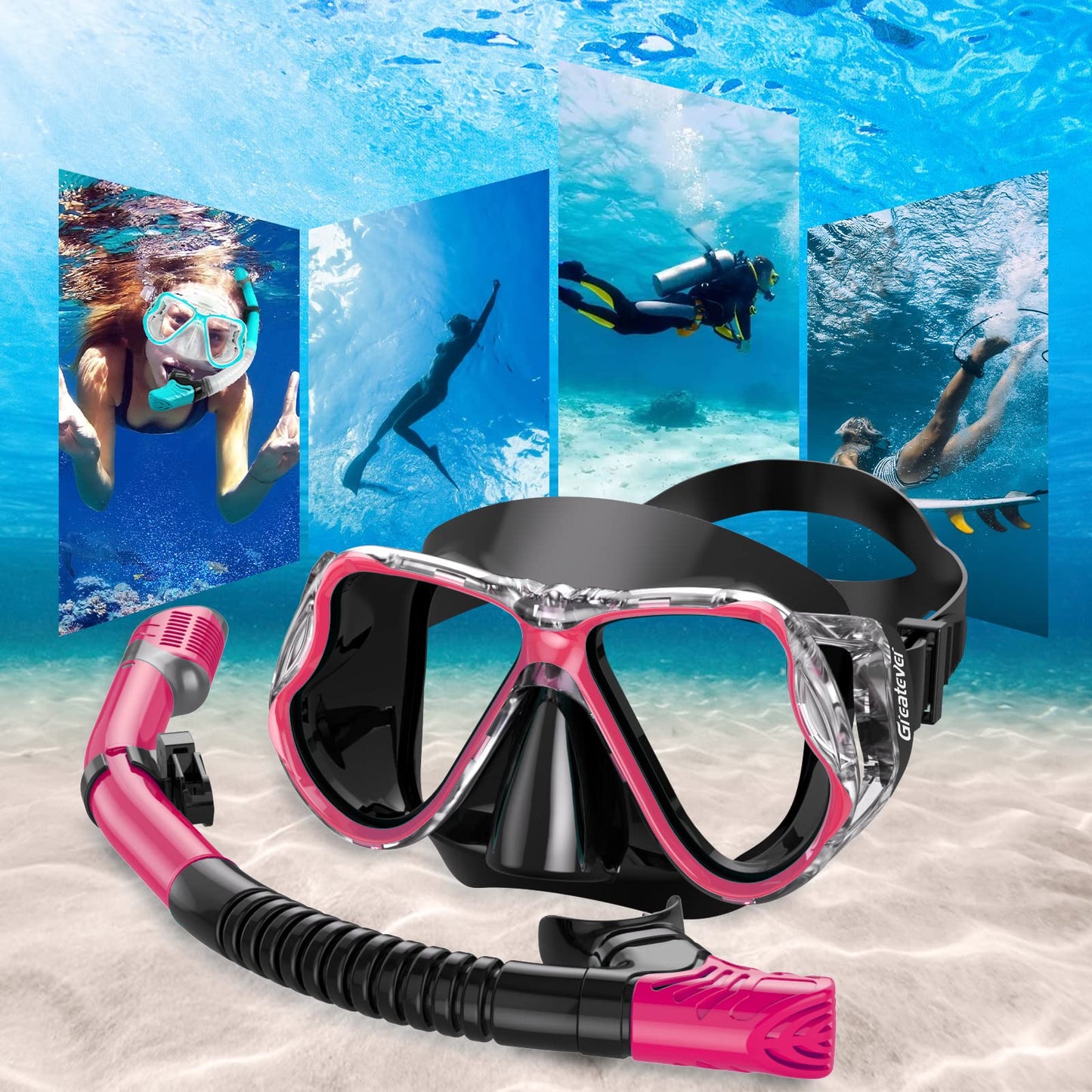 Greatever Dry Snorkel Set,Panoramic Wide View,Anti-Fog Scuba Diving Mask,Professional Snorkeling Gear for Adults