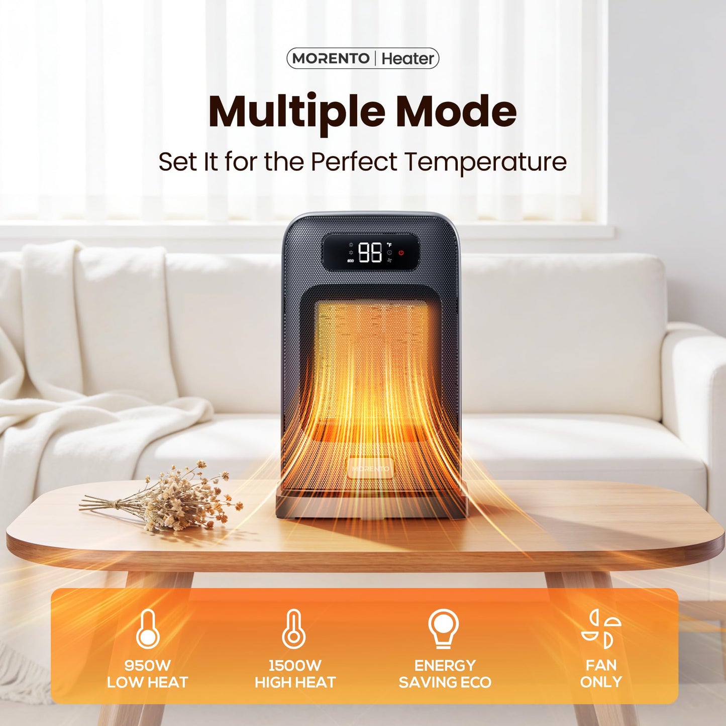 MORENTO Space Heater, 70° Oscillation, LED Display, 12H Timer, Thermostat, Overheat Protection, ECO, Small Space Heaters for Indoor Use, 1500W Ceramic, Heater for Bedroom, Office, Home (Black, 1 Pack)