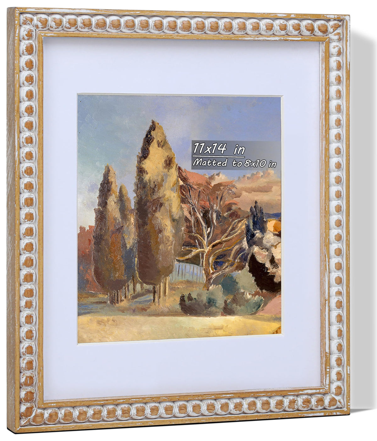 Gdfmsc 11x14 Rustic Picture Frame with Mat for 8x10, Farmhouse Boho Deco Distressed Beaded Wooden Real Glass, Vertical or Horizontal Display Photo Gallery Wall & Tabletop Frame, Natural