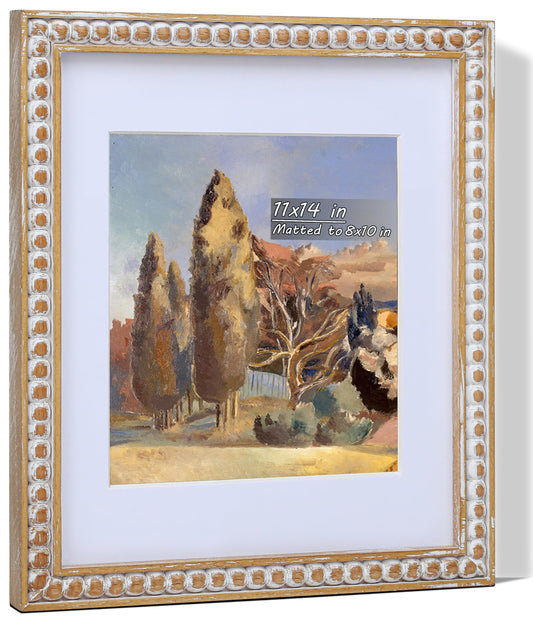Gdfmsc 11x14 Rustic Picture Frame with Mat for 8x10, Farmhouse Boho Deco Distressed Beaded Wooden Real Glass, Vertical or Horizontal Display Photo Gallery Wall & Tabletop Frame, Natural