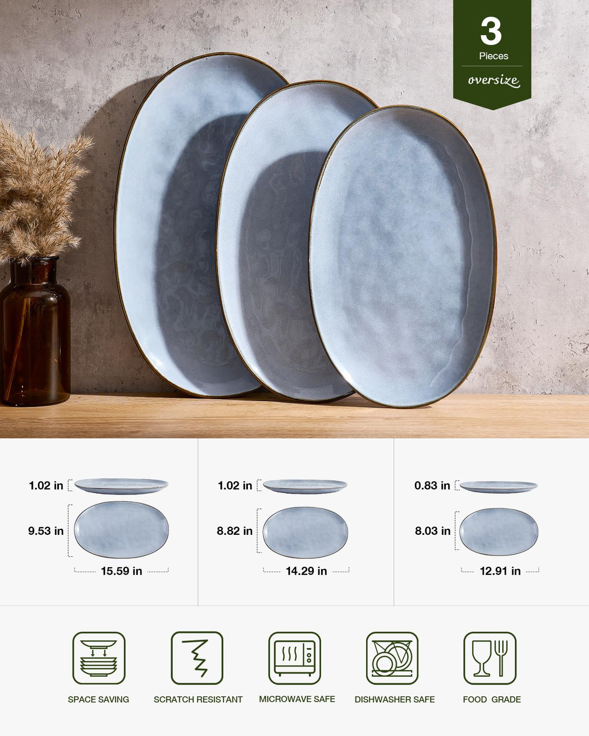 famiware Serving Platter, Oval 15.59/14.3/12.9inch Serving Dishes for Entertaining, Serving Bowls, Reactive Glaze, Stoneware Serving Trays for Party, Food, Turkey, Cheese, Ocean Series, Blue