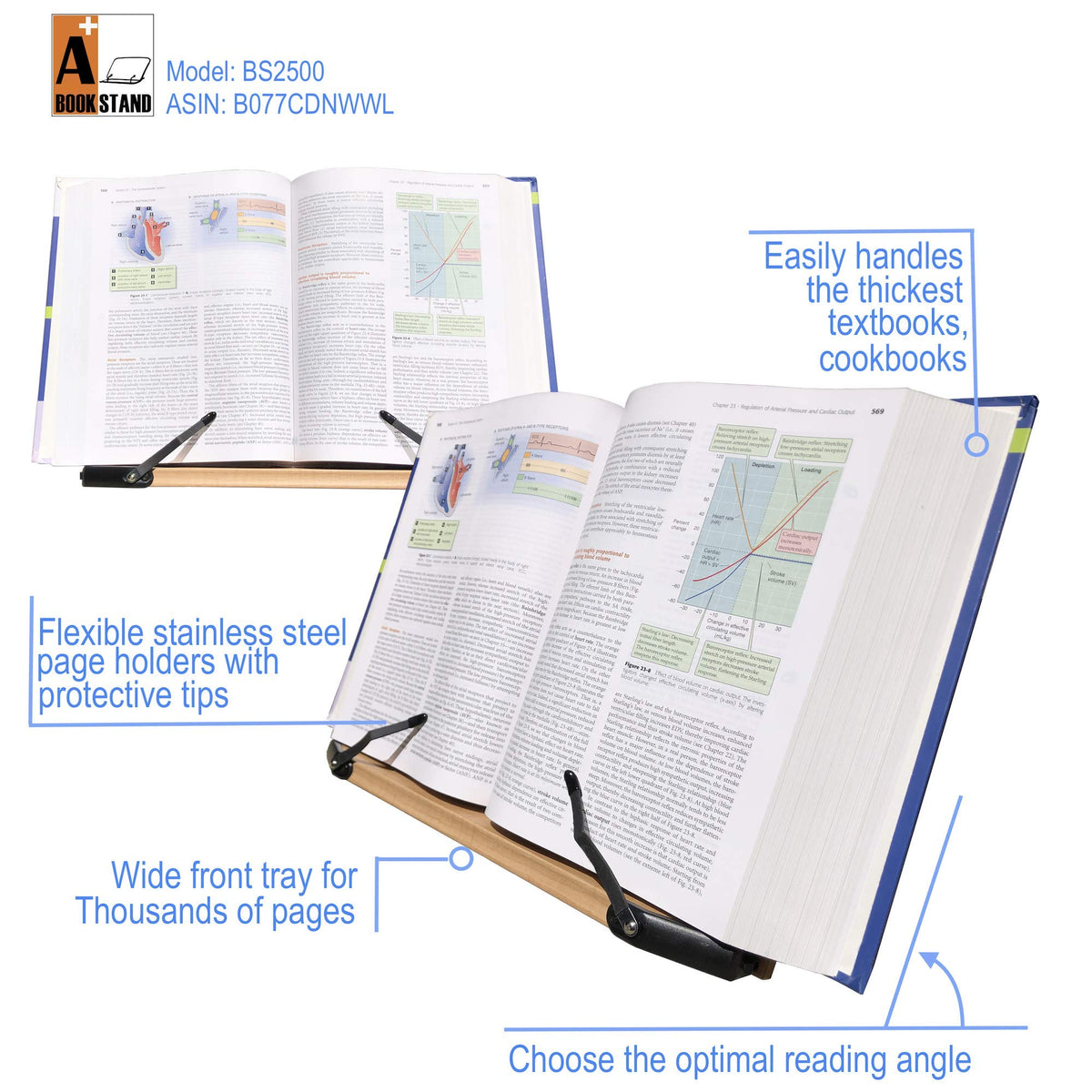 A+ Book Stand BS2500 Large 16x10.5 Portable Adjustable Foldable Bookstand Holder for Reading Hands Free Large Thick Heavy Textbooks Cookbooks Tablets