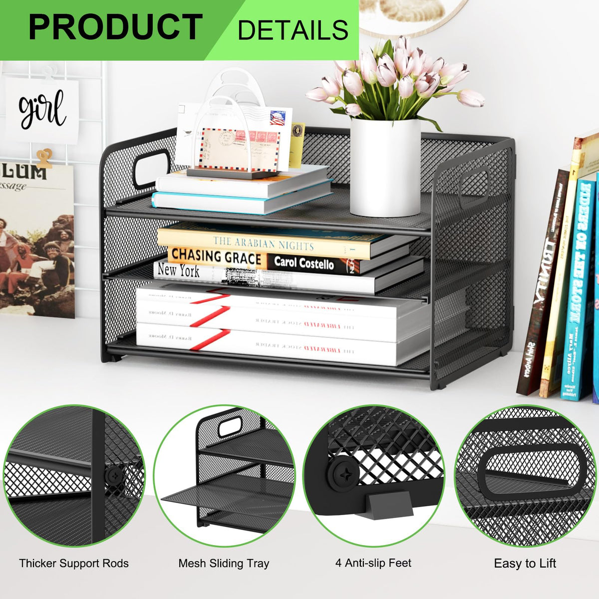 GDINDINFAN 3 Tier Paper Letter Tray Organizer for Desk, Mesh File Folder Document Organizer with Handle for Home Office Supplies Desktop Accessories, Black
