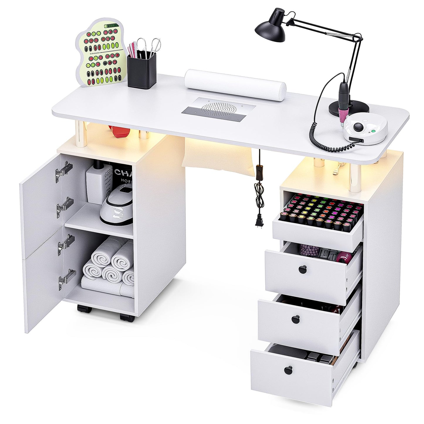 HolaiNail Nail Desk for Nail Tech w/Electric Dust Collector, Rolling Manicure Table w/Lockable Wheels, Storage Drawers, Wrist Cushion, Acetone Resistant, for Nail Beauty Salon Workstation (White)
