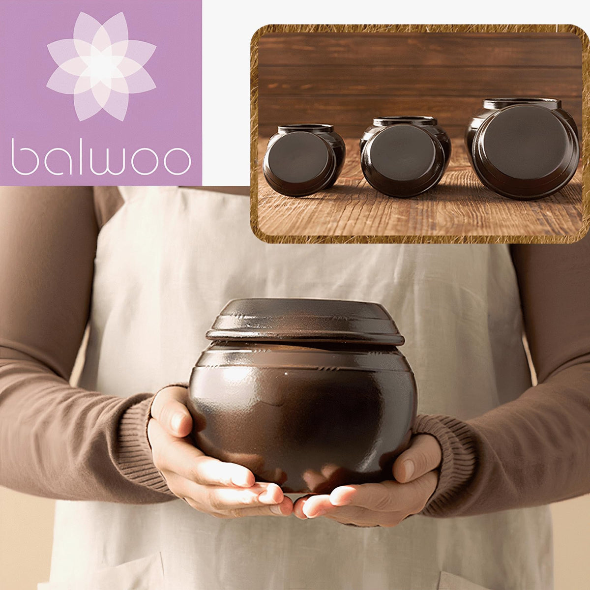 BALWOO Earthenware Onggi Korean Traditional Clay Jar Mini Ceramic Canister/Handmade Food Storage Container for Tea, Coffee Bean, Salt/Breathing Clay Pot Kimchi Fermentation Crock (2L(67.6oz))