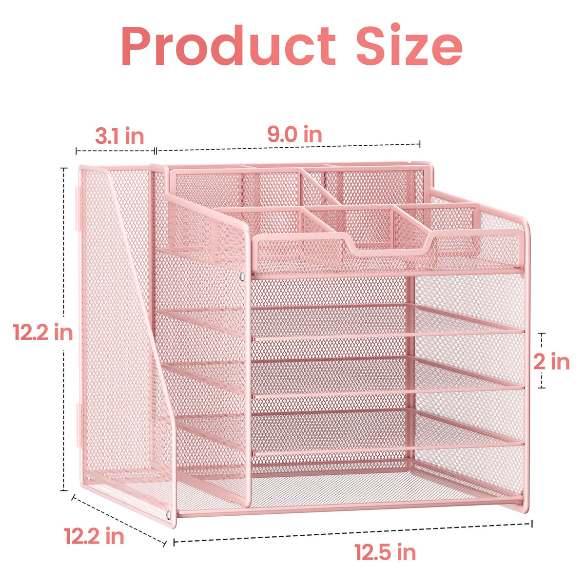 Lavatino Desk Organizer, 5-Tier Metal Mesh Paper Letter Tray with File Holder & 7 Flexible Dividers for Office or Home Desk Organizers and Accessories, Keep Workspace Supplies Neat & Organized, Pink