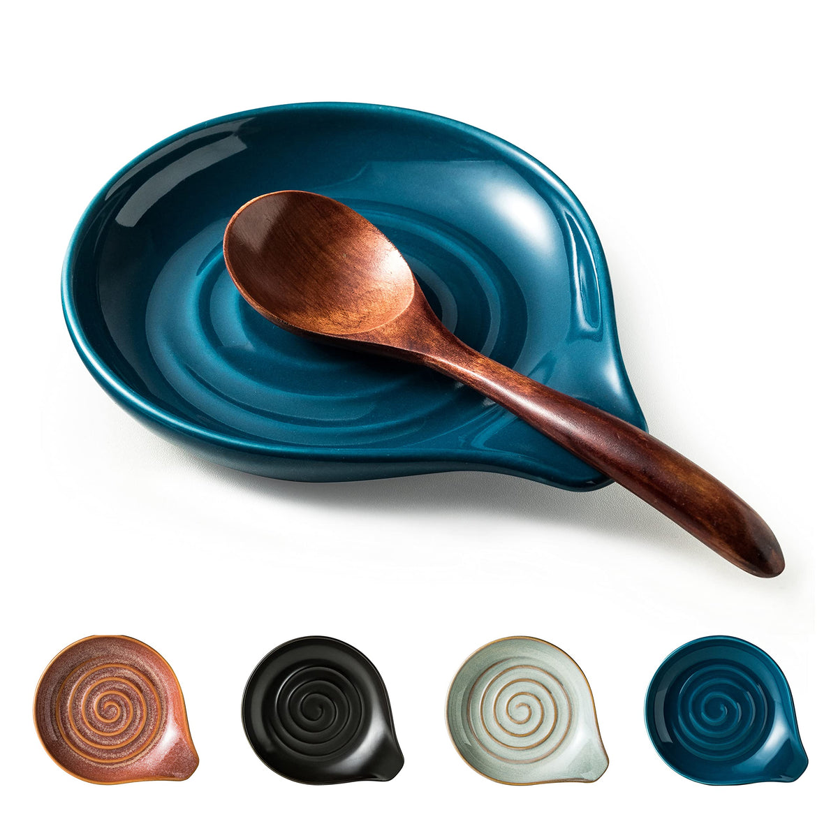Cormomu Spoon Holder, Ceramic Spoon Rest for Kitchen Counter Farmhouse Cooking, Large Utensil Rest for Spoons, Ladles, Tongs, Spatula, 5 Inches (Blue)