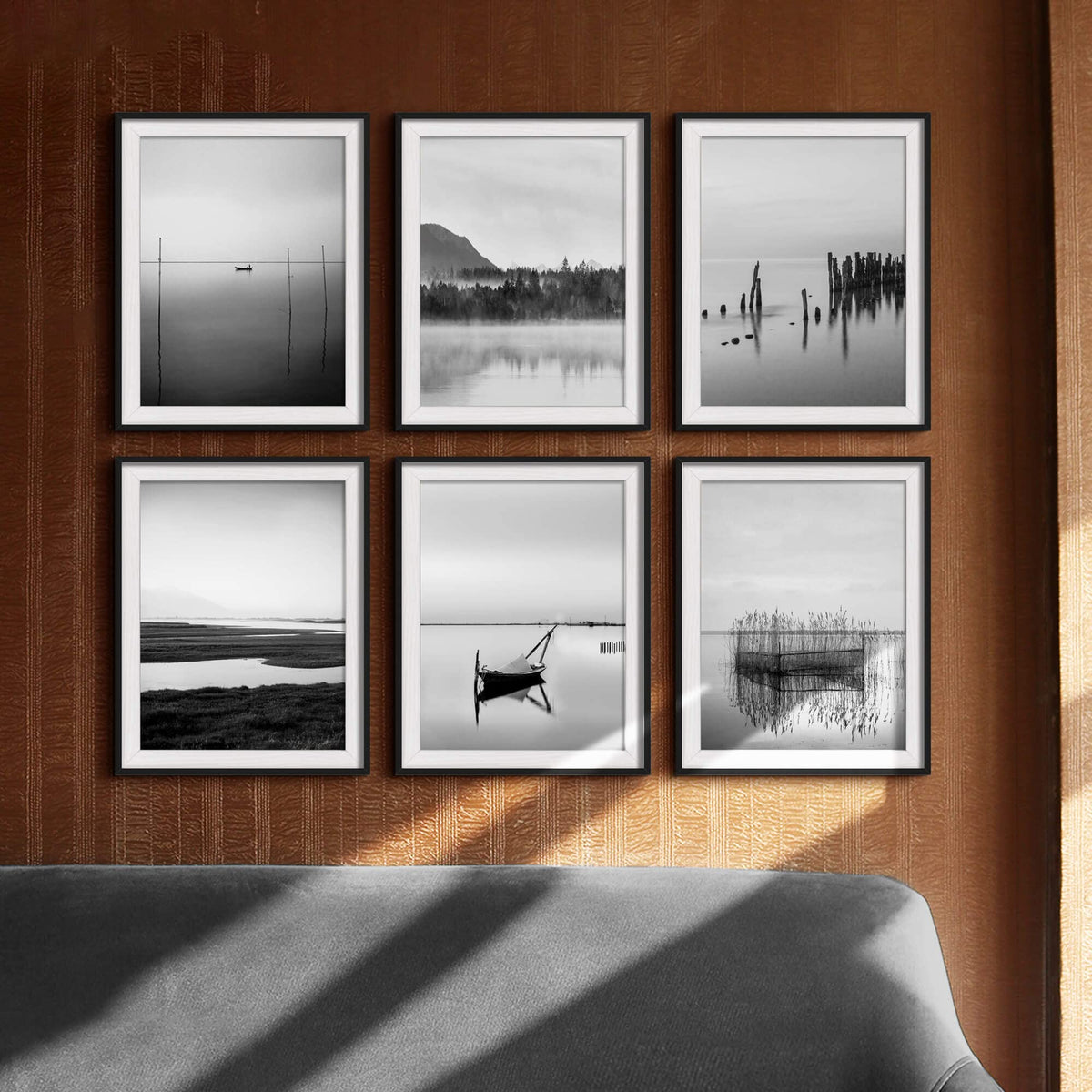 Lake Framed Wall Art Decor: Calming Nature Landscape Artwork 6 Piece Black Scenery Painting Print Vertical Boat Picture for Office Home Bedroom Living Room (Glass Panel Protection)