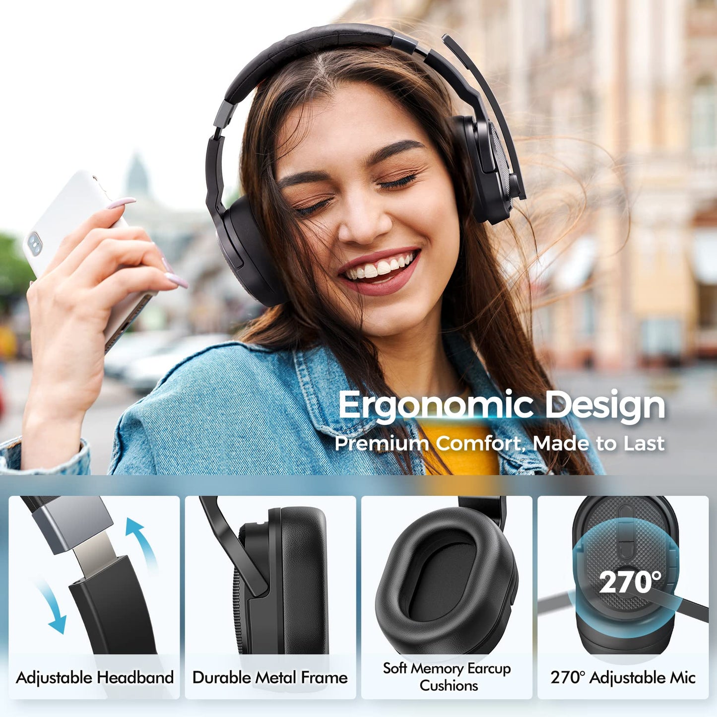 COSMUSIS Trucker Bluetooth Headset, Wireless Headsets with Noise Cancelling Microphone, Long Battery Life Bluetooth Headphones with Detachable Earpad/Single+Dual Mode for Office/Driving/Home