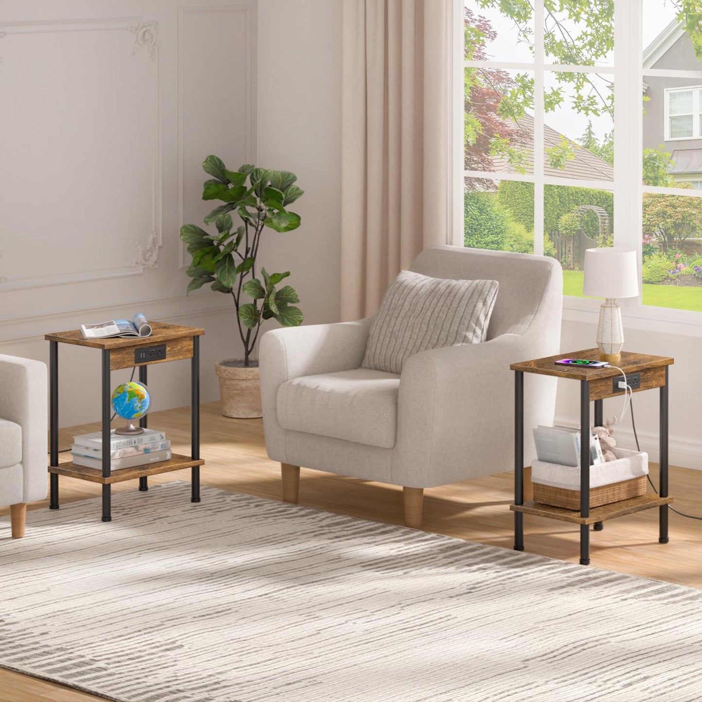 YUFAM End Table with Charging Station,Small Side Table,2-Tier Nightstand with Storage Shelf,Sofa Bedside Table for Small Spaces in Living Room,Bedroom,Office,Easy Assembly,Rustic Brown