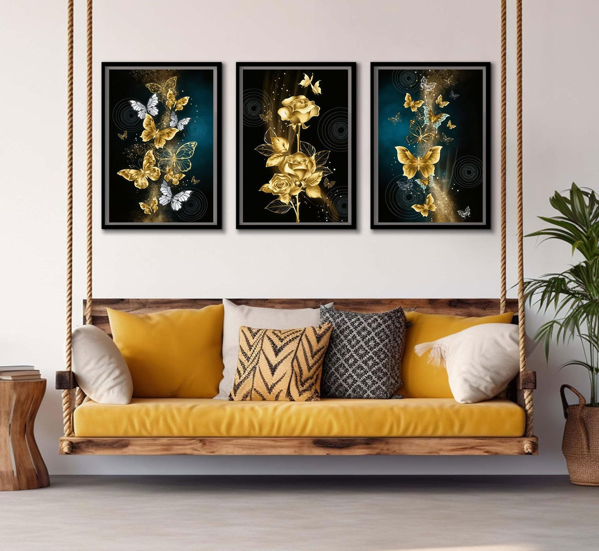 3Pcs Abstract Gold Butterfly Canvas Wall Art Gold Butterfly and Rose Posters Prints Painting Modern luxury Flowers Wall Decor pictures for Living Room Bedroom Home Decoration Unframed