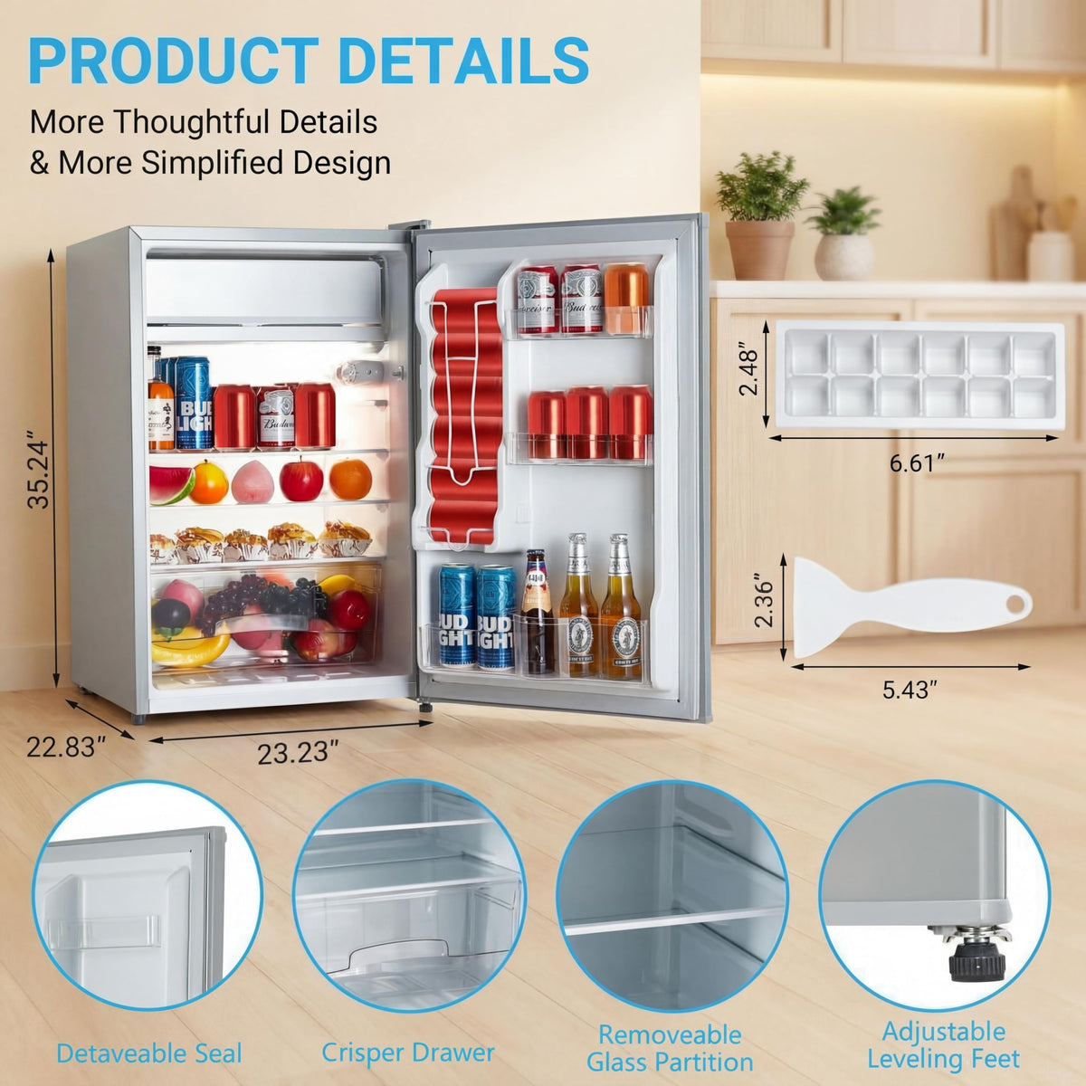MegaChoice 4.3 Cu.ft Mini Fridge with Freezer, Compact Refrigerator with 7-Level Temperature Control, Single Door Design, Removable Glass Shelves and Crisper Drawer for Bedroom, Dorm, Office, White