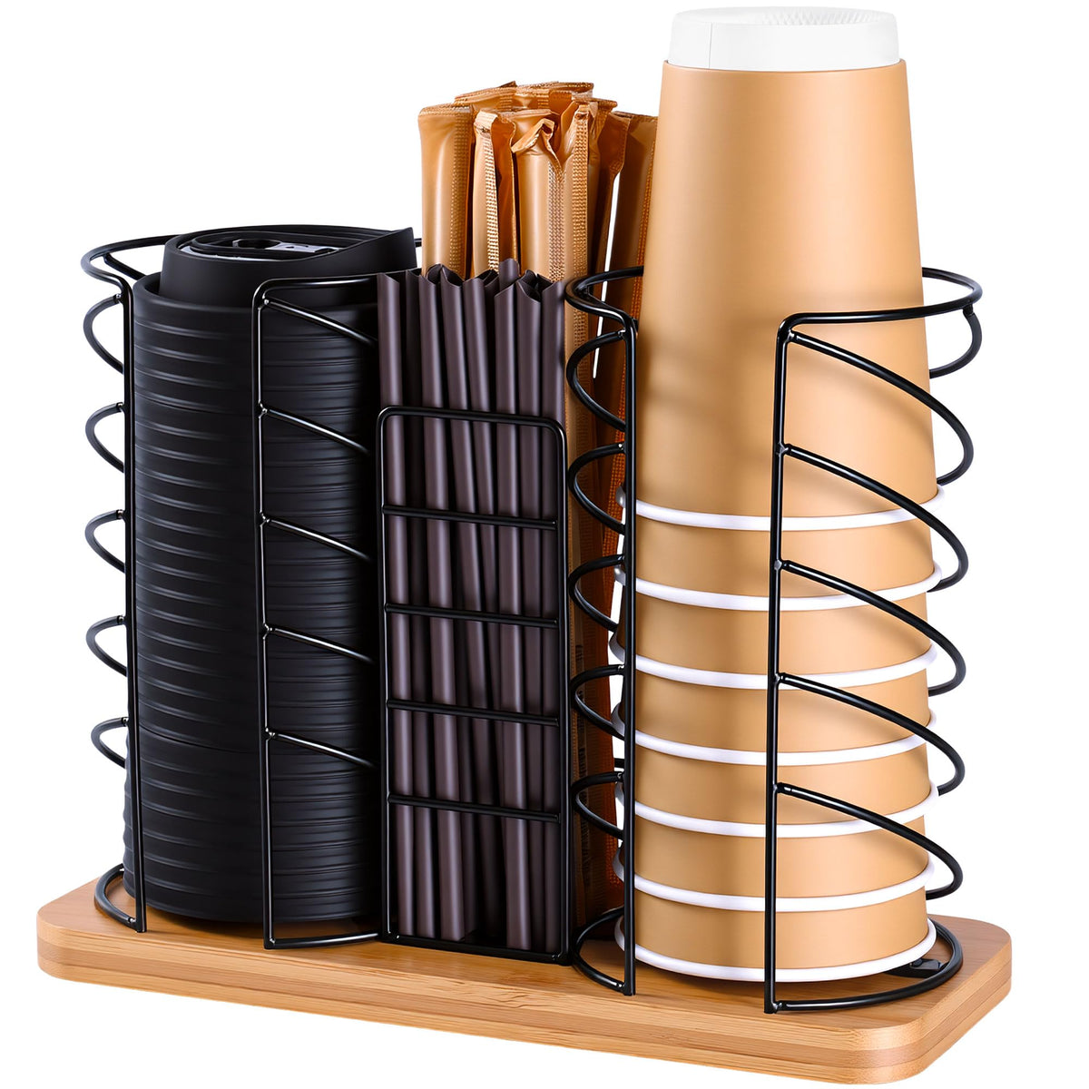 Mozabol Coffee Station Organizer for Countertop, Cup and Lid Organizer with Straw Holder, 3 Section Disposable Cup Dispenser Rack with Acacia Wood Base for Office, Cafe, Kitchen, Break Room