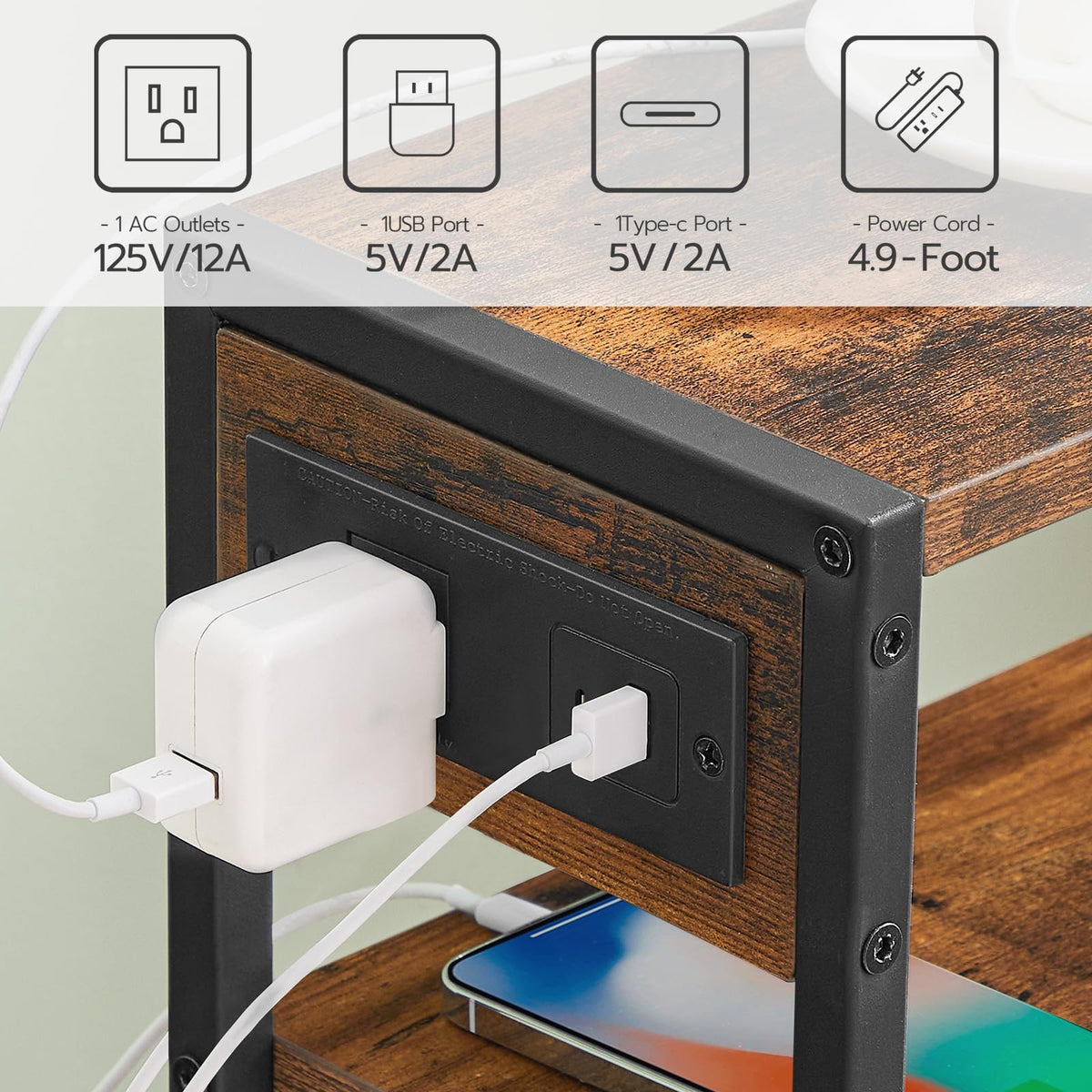 HOOBRO Small Narrow Side Table with Charging Station, Skinny End Table for Small Spaces, Slim Nightstand with USB Ports Outlet, Sofa Beside Table with Storage Shelf, Rustic Brown and Black BF102UBZ01