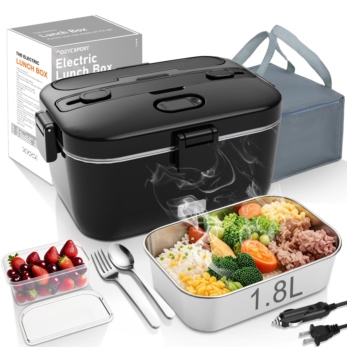 COZYEXPERT Electric-Lunch-Box-Heated-Food-Warmer 100W Heating Lunchbox for Adults 1.8L Portable Food Heater for Work/Car, 12V/24V/110-230V Lonchera Eléctrica Portátil with Fork Spoon (Black)