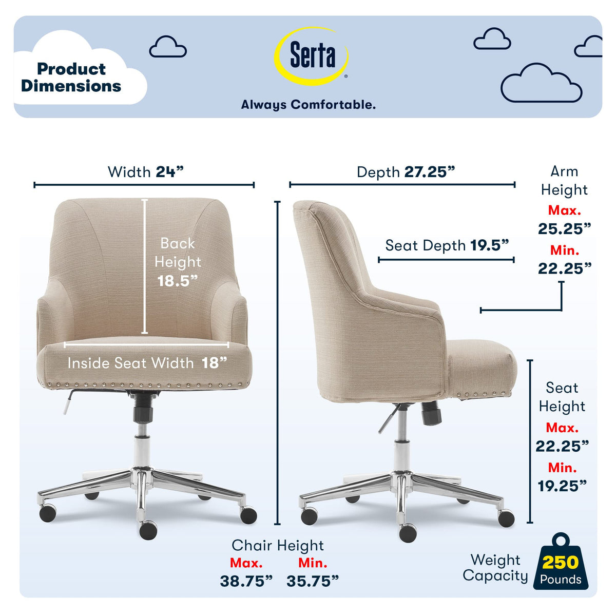 Serta Leighton Home Office Desk Chair, Mid-Back with Chrome Nailheads, Memory Foam Cushion and Padded Arms, Modern Makeup Vanity Armchair with Wheels, Swivel Base, Twill Fabric, Stoneware Beige