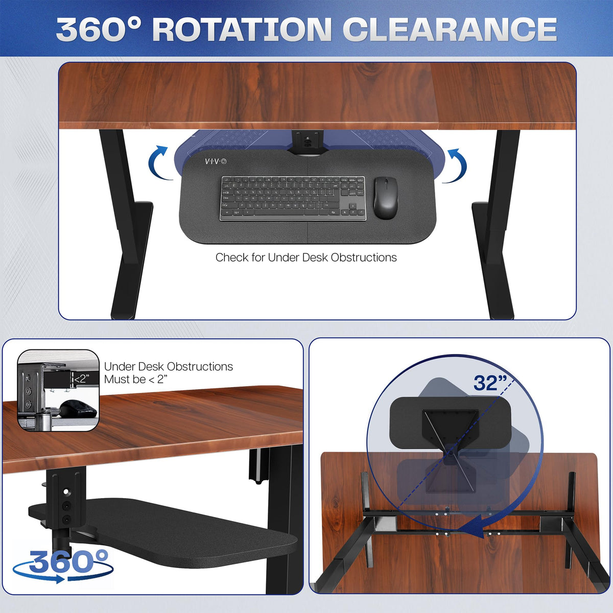 VIVO Under Desk Rotating 23 x 10 inch Computer Keyboard and Mouse Tray, Swiveling Platform, Ergonomic Typing, Black, MOUNT-KB01B