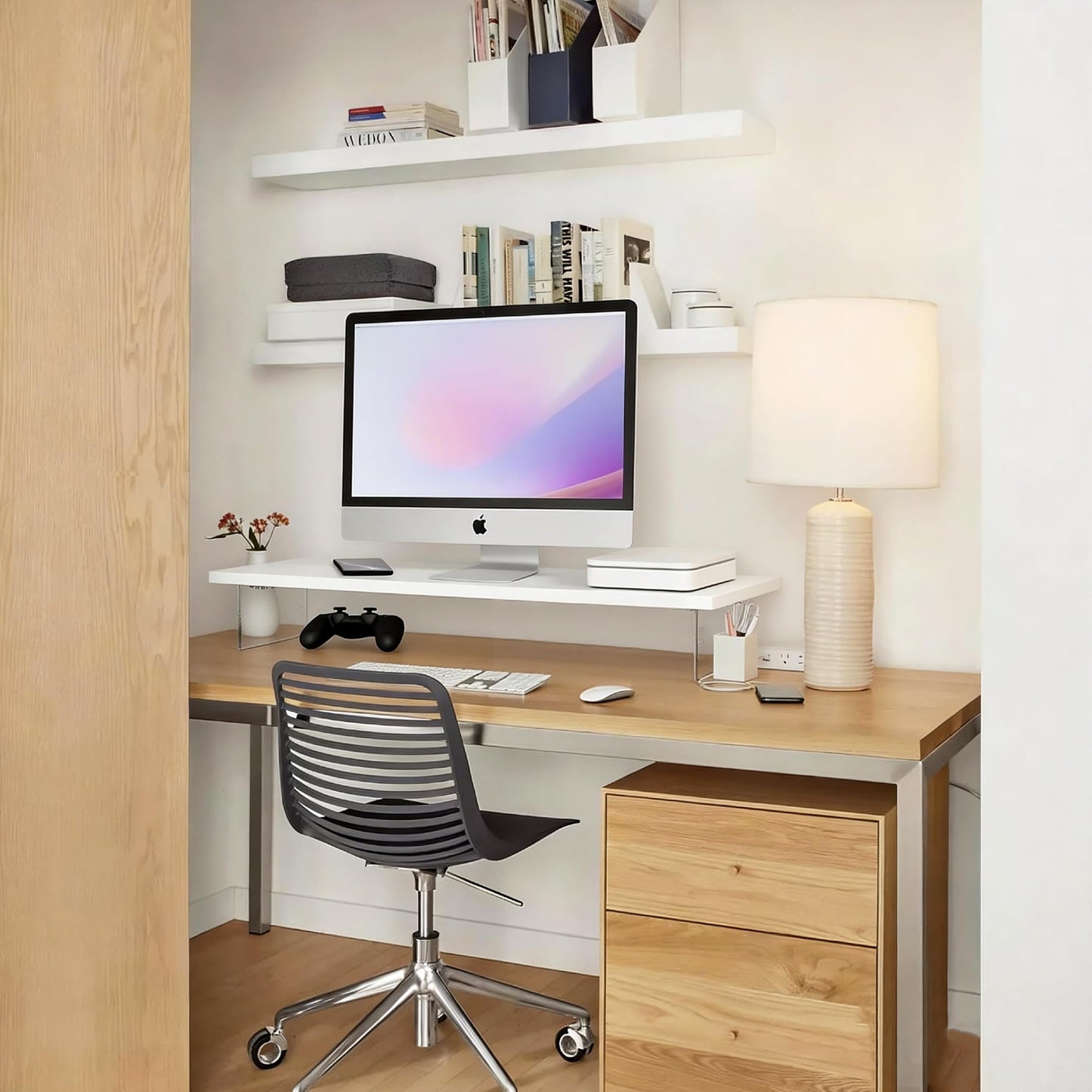 seicasaya Wood Monitor Stand Riser with Acrylic Legs, Computer Screen Stand Desk Organizer, 31.5 x 7.9 x 3.1 inch, Hold up to 66 lbs (White, 31.5"×7.9"×3.1")